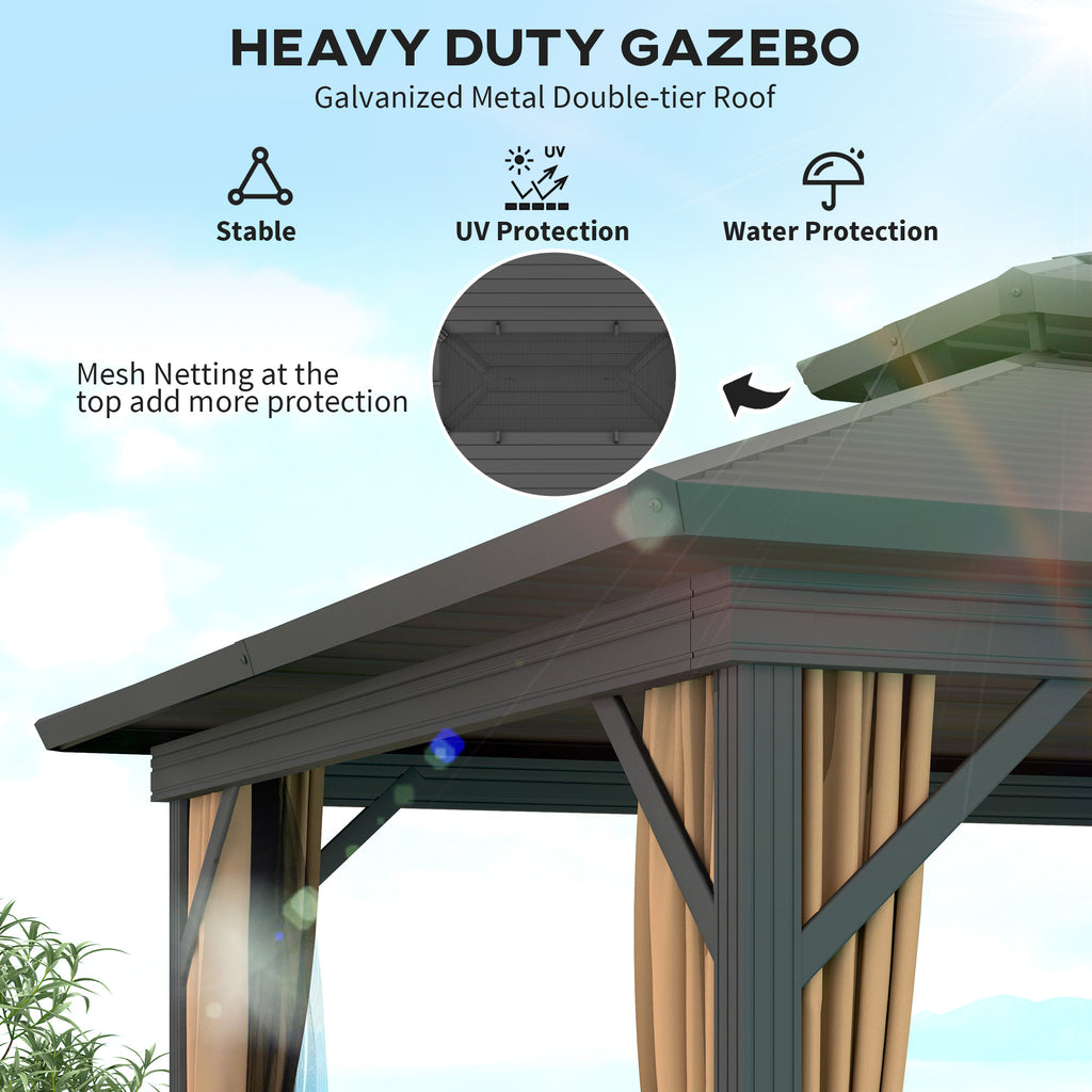 10' x 10' Hardtop Gazebo, Sun Shelter with Double Tier Metal Roof, Mosquito Netting, and Hanging Hook, Dark Brown