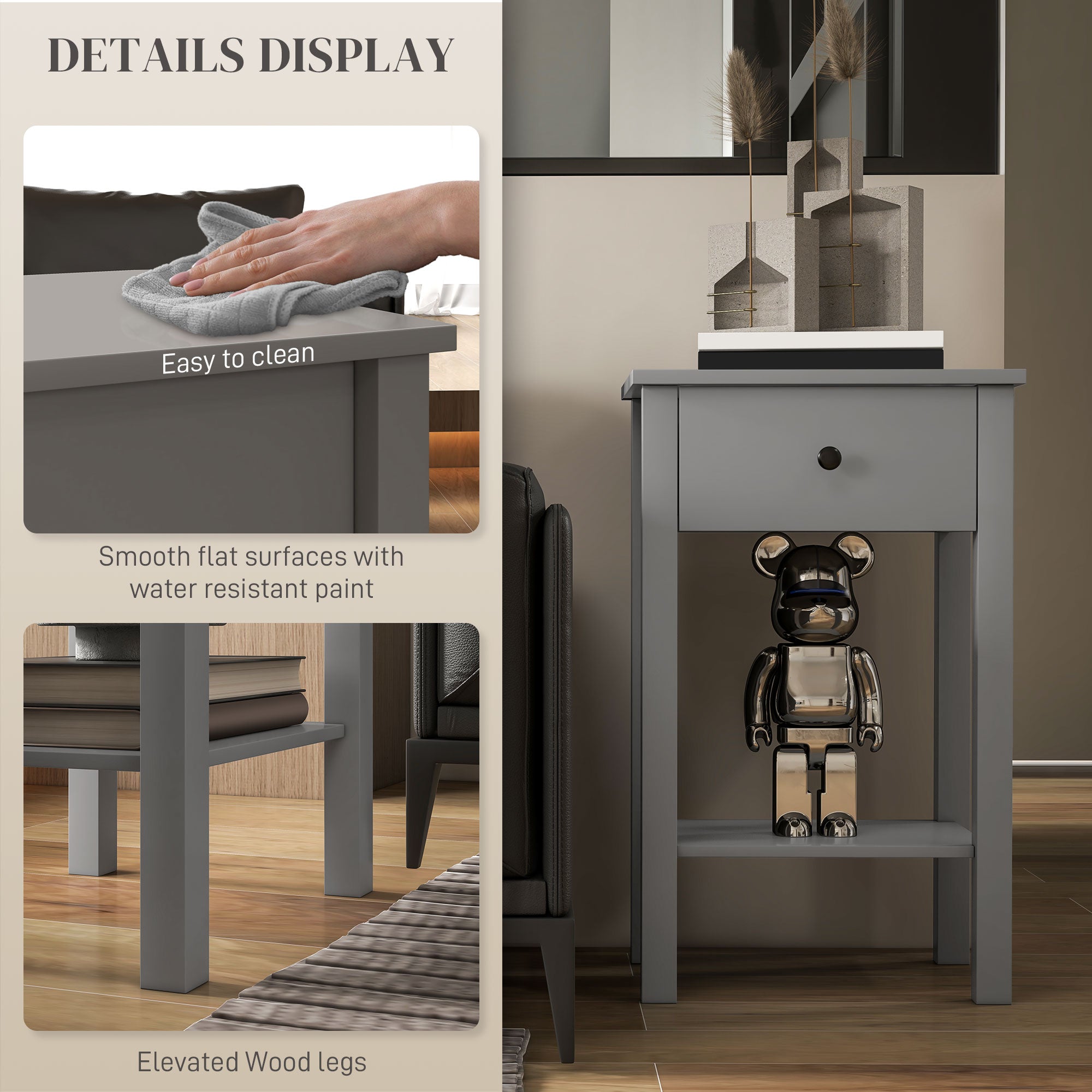End Tables Set of 2, Side Tables with Drawer and Bottom Shelf, 2-tier Nightstand for Bedroom, Living Room, Grey