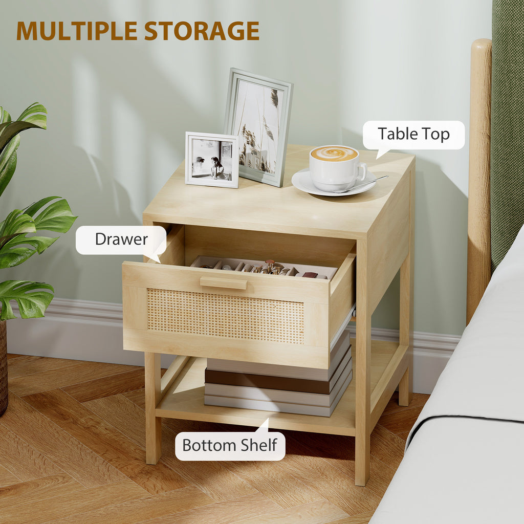 Narrow Nightstand with Rattan Elements, Bedside Table with Drawer and Storage Shelf for Bedroom, Set of 2, Natural Wood
