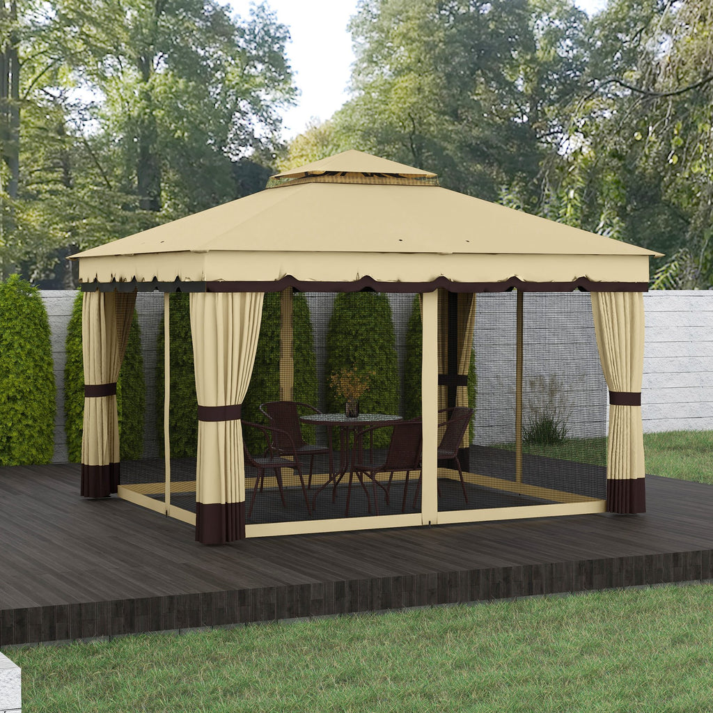 10' x 12' Double Roof Patio Gazebo Canopy, Outdoor Gazebo Shelter with Netting & Curtains, for Garden, Lawn and Deck