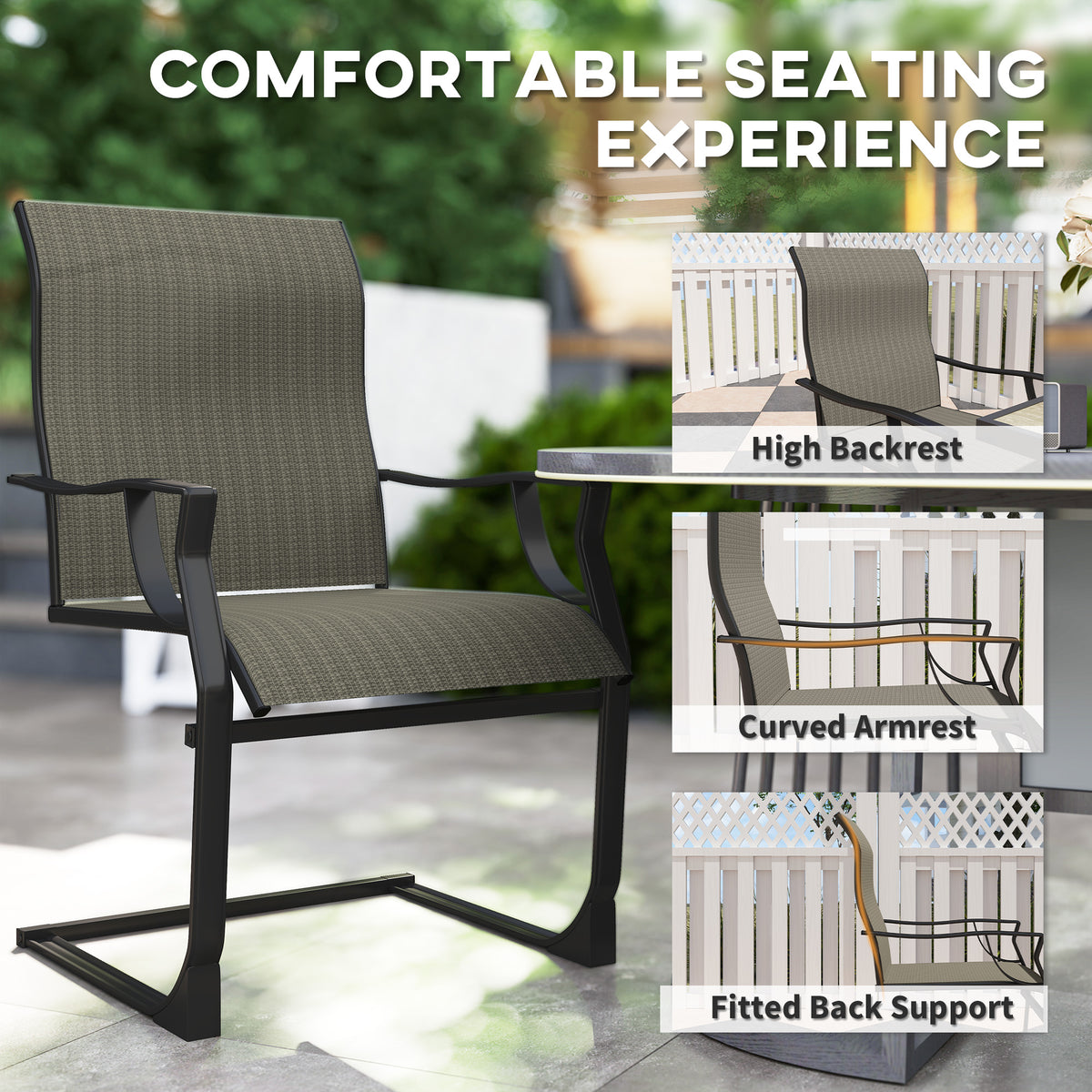 C Spring Motion Patio Chairs Set of 2 with Curved High Backrest, Armrest, All Weather Breathable Fabric, Metal Frame