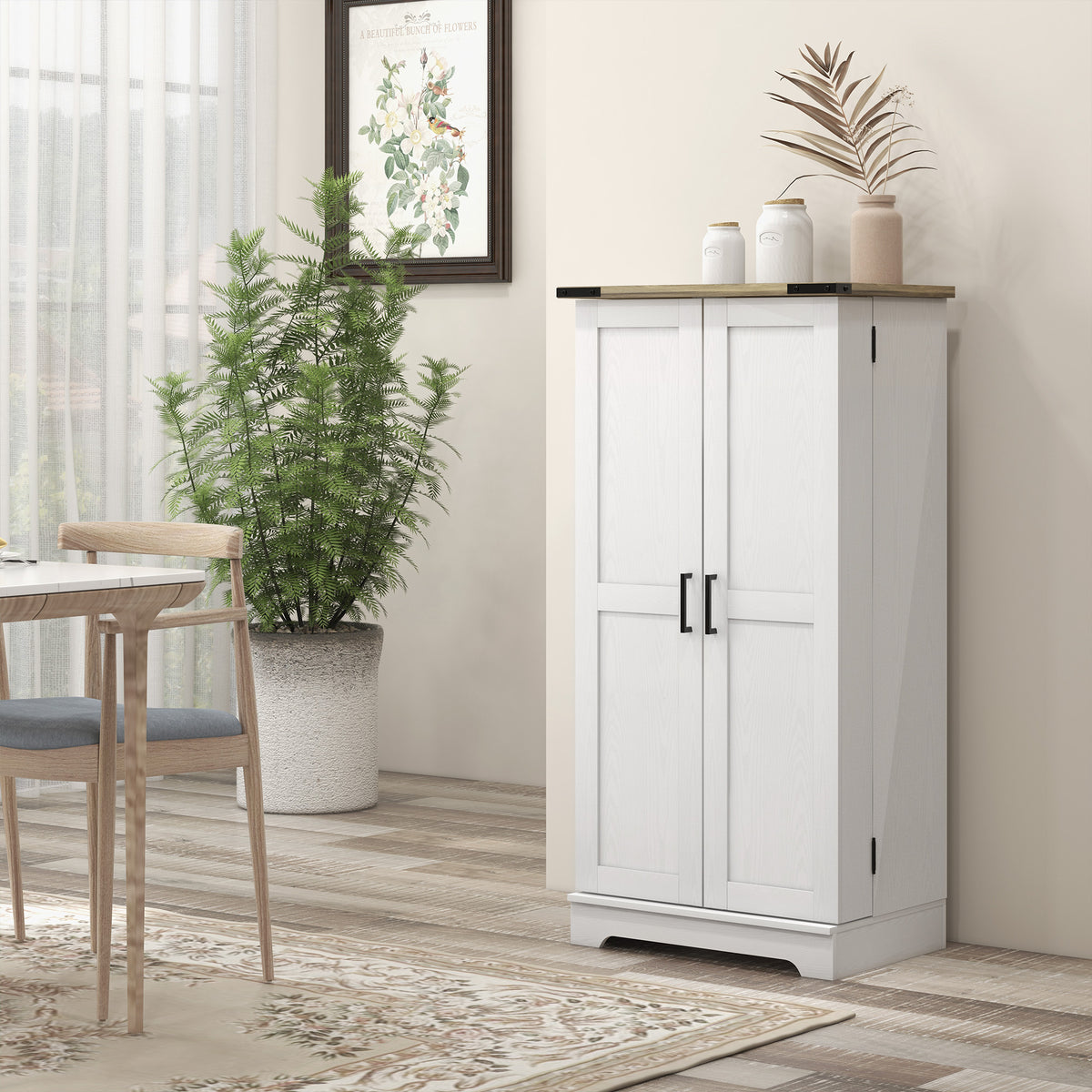 Farmhouse Kitchen Pantry Storage Cabinet, Kitchen Pantry Cabinet with Doors and Adjustable Shelves, Cream White