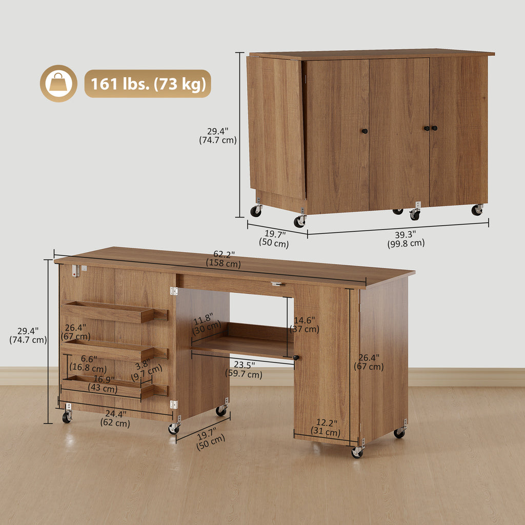 Sewing Machine Table with Drop Leaf, Folding Craft Table with 2 Doors and Adjustable Shelf for Small Spaces, Brown