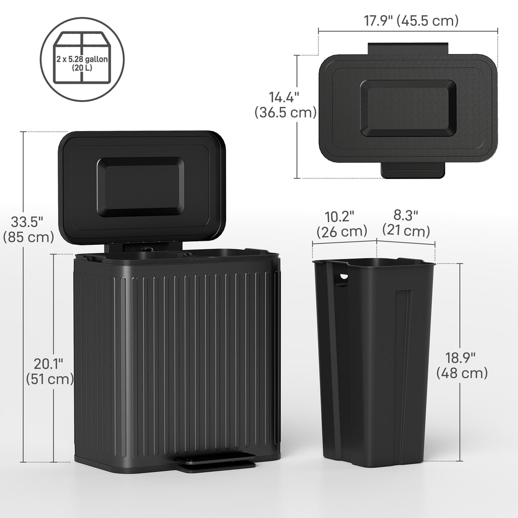 Trash Can, 2 x 5.3 Gallon (2 x 20 L) Garbage Can with Soft-Close Lid, Removable Inner Buckets for Kitchen Home Office