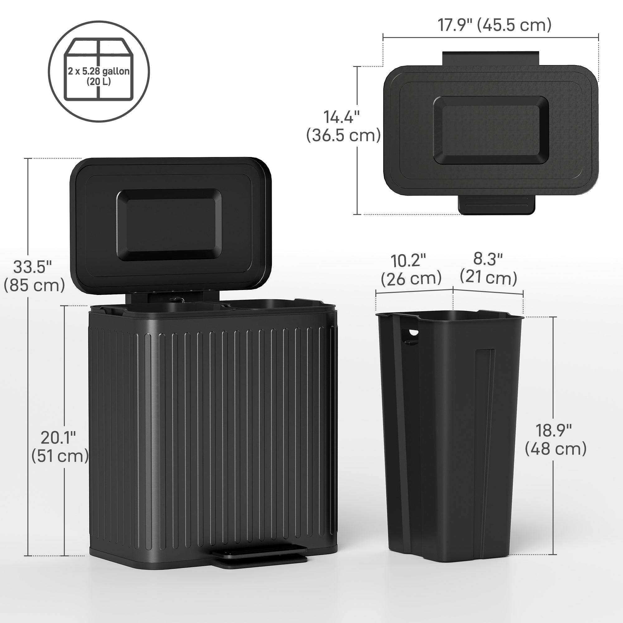 Trash Can, 2 x 5.3 Gallon (2 x 20 L) Garbage Can with Soft-Close Lid, Removable Inner Buckets for Kitchen Home Office