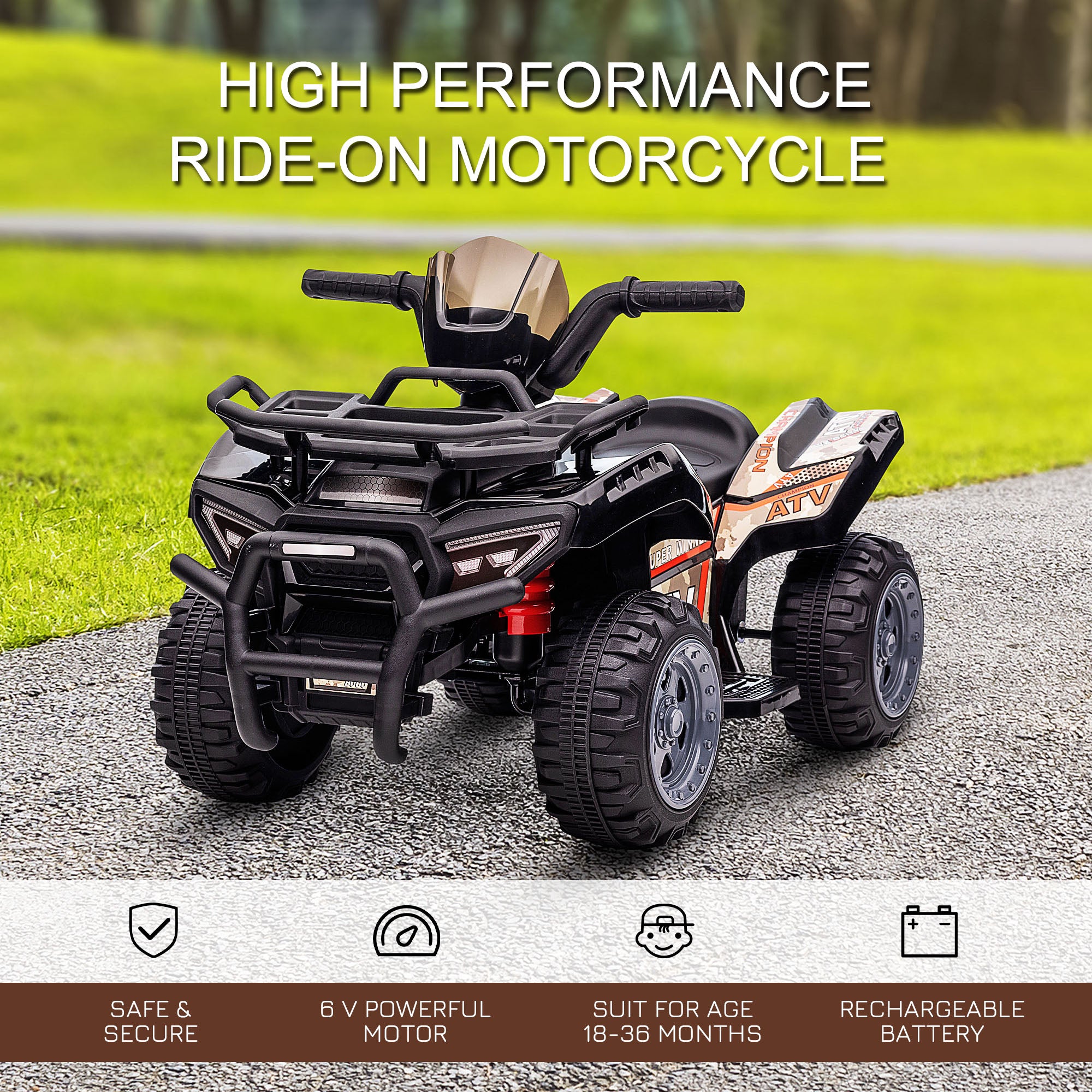 Aosom Kids Ride-on ATV Quad Bike Four Wheeler Car with Music, 6V Battery Powered Motorcycle for 18-36 Months, Black