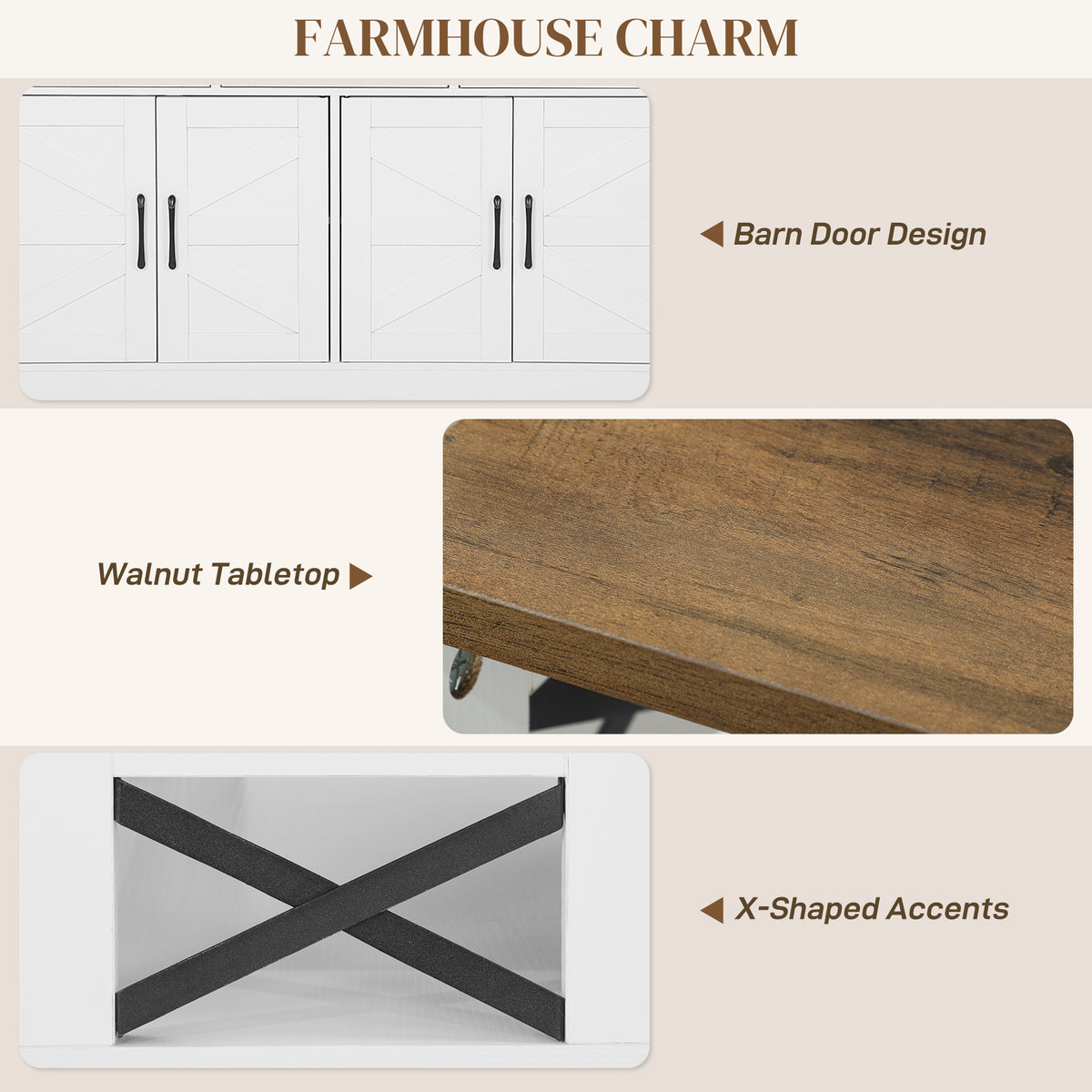 Sideboard, Buffet Cabinet with 4 Barn Doors and 3 Drawers, Coffee Bar Cabinet with Adjustable Shelves, Black