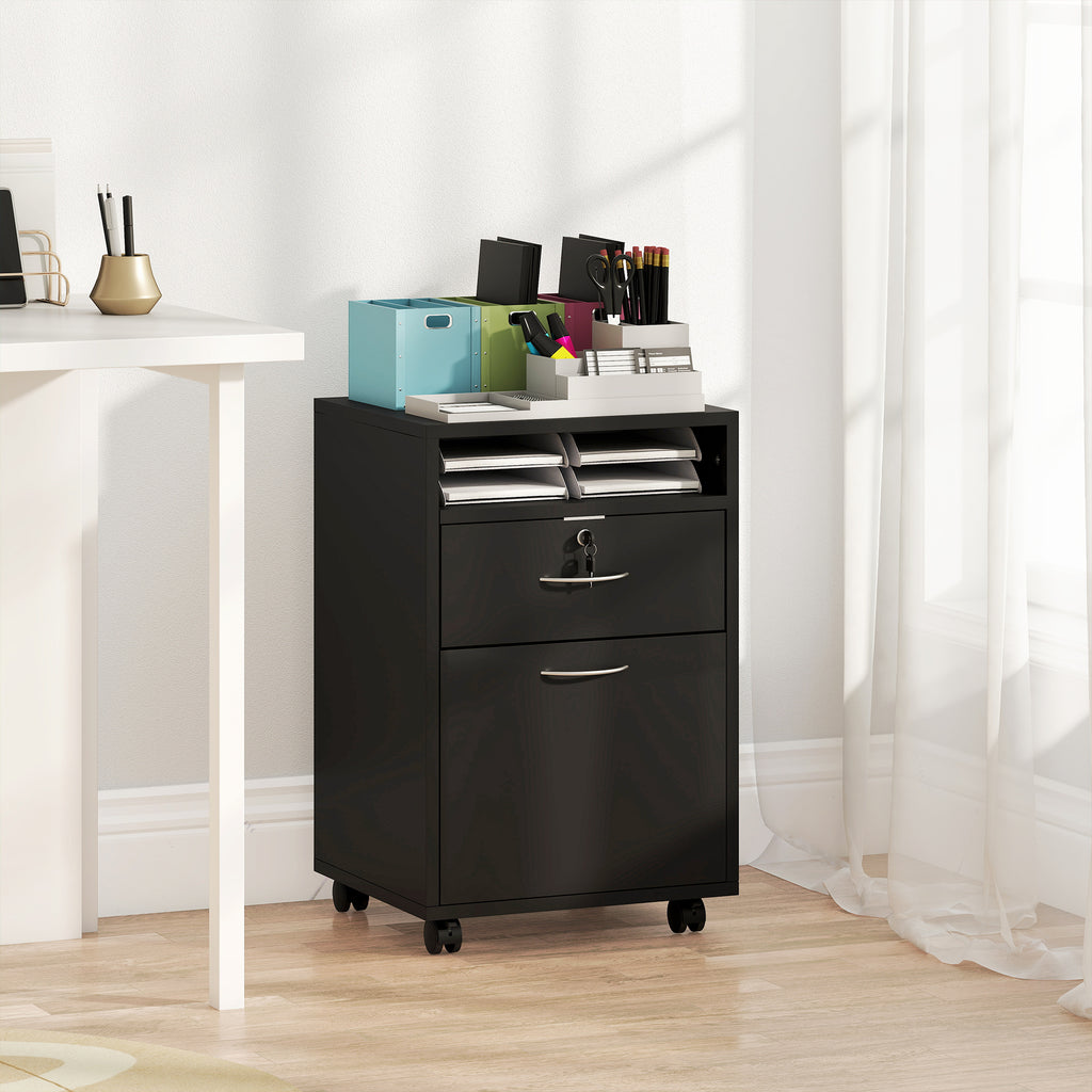 24" Small Filing Cabinet with Open Compartment, Drawer and Wheels, Home Office Storage Cabinet, Black