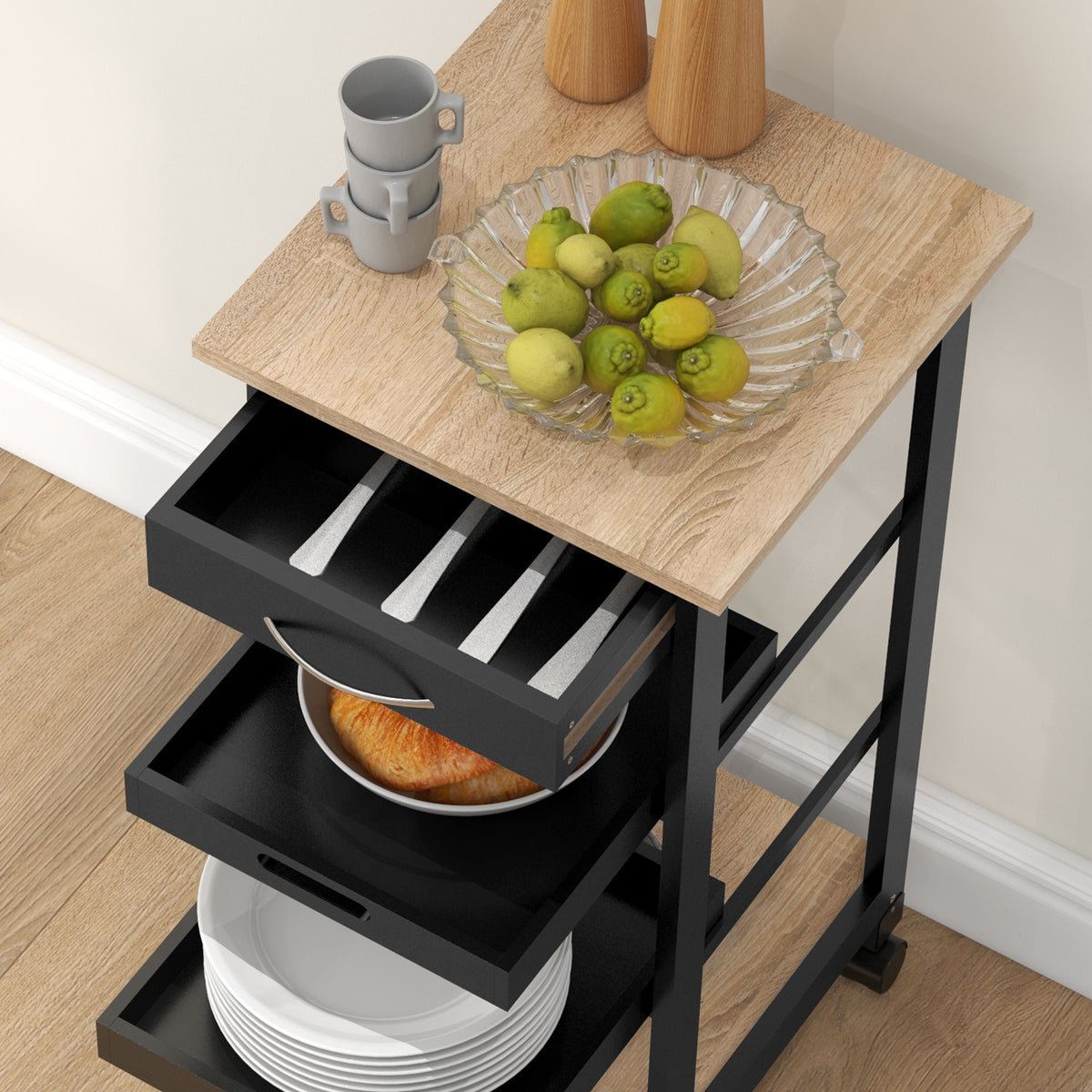 Kitchen Island Rolling Trolley Utility Serving Cart with Drawer  Grey