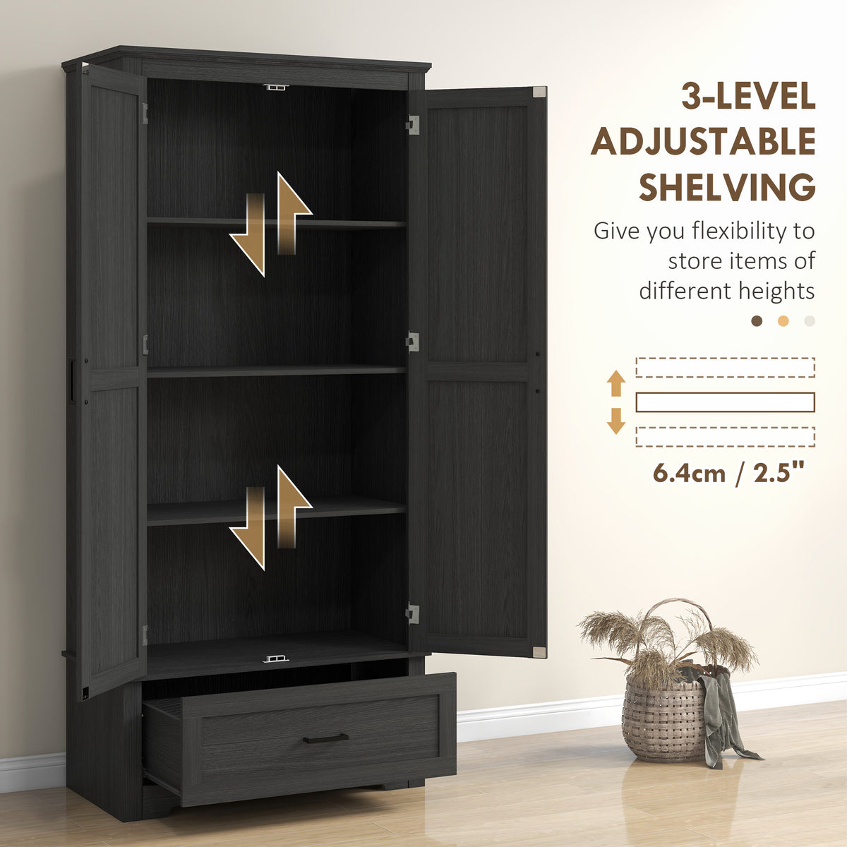 69" Tall Farmhouse Kitchen Pantry Cabinet with 2 Doors, Drawer and Adjustable Shelves, Black Wood Grain