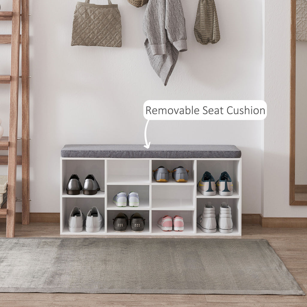 Shoe Bench with Storage, Upholstered Entryway Bench with Adjustable Shelves, Cushion for Living Room, Hallway, White