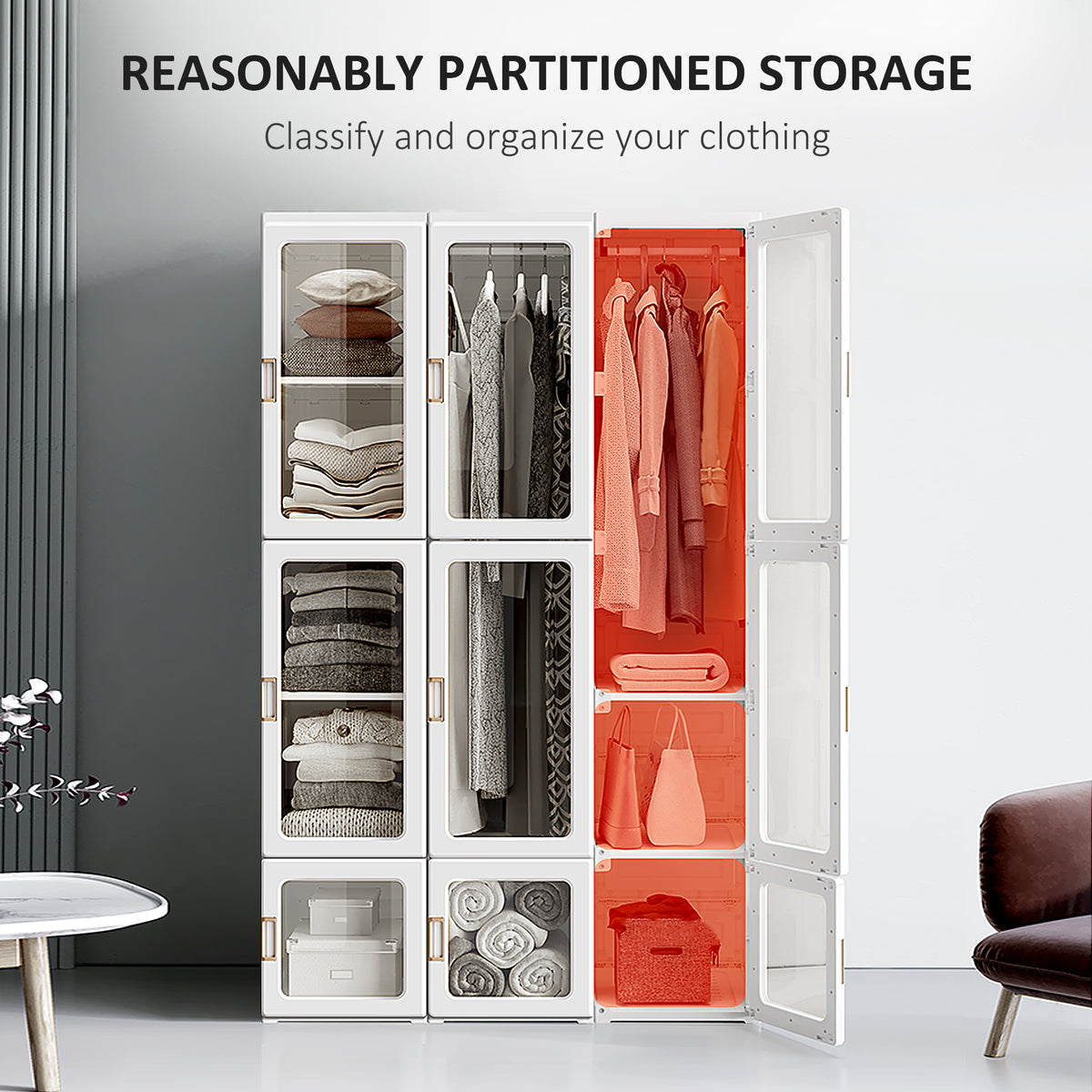 Small Apartment Bedroom Closet Foldable Portable Closet with Cube Storage Hanging Rods Magnet Doors, White