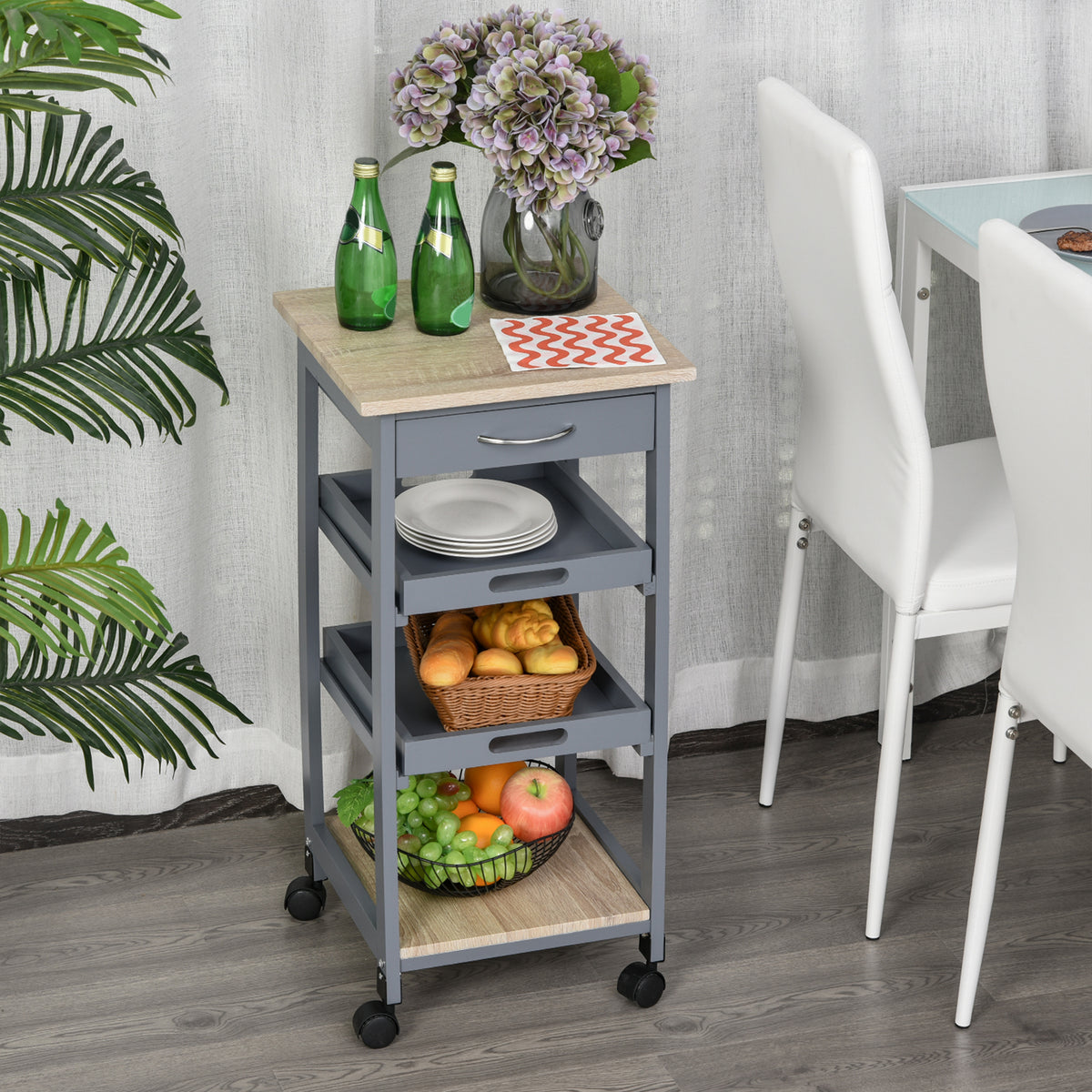 Kitchen Island Rolling Trolley Utility Serving Cart with Drawer  Grey