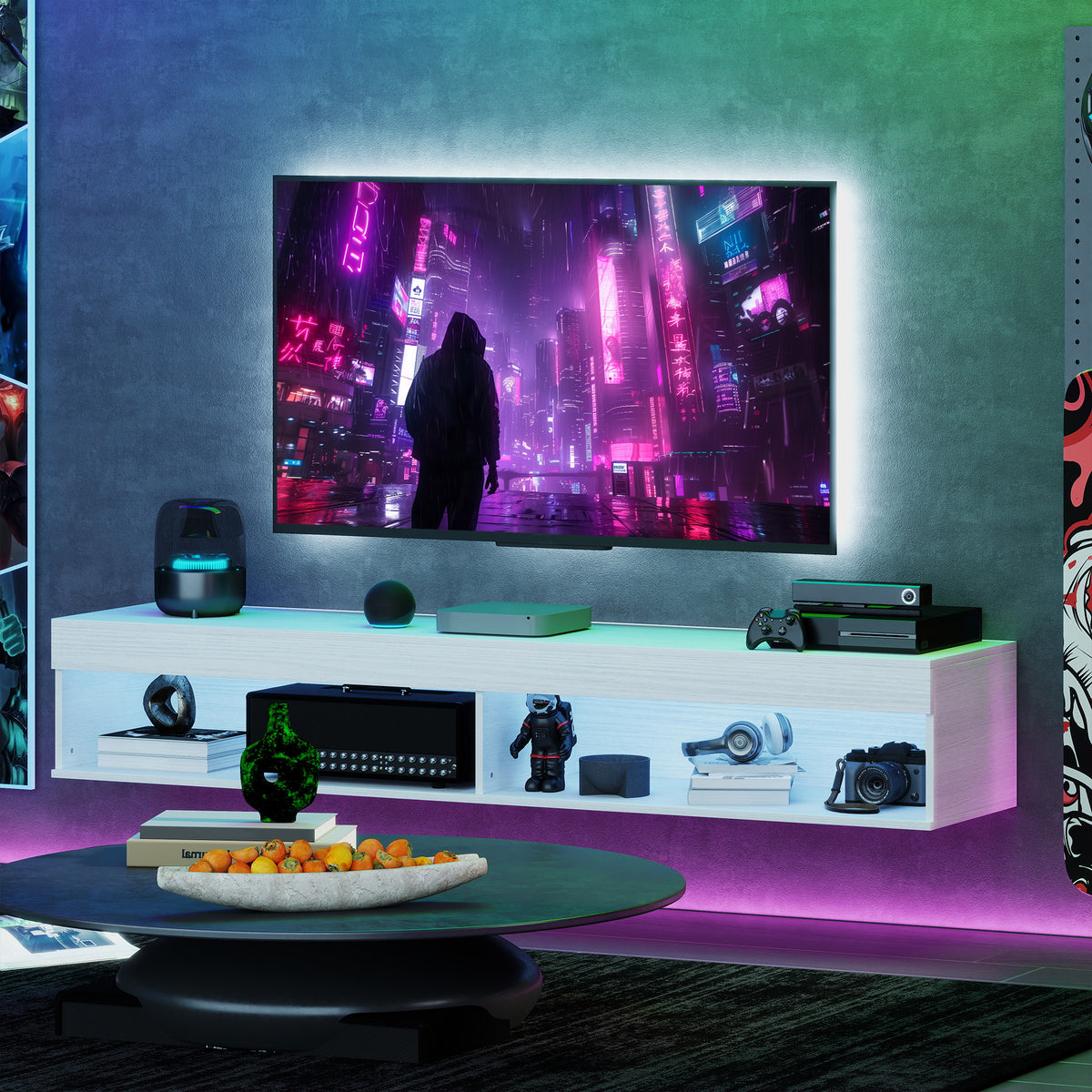 Modern Wall Mounted TV Stand with Storage and LED Lights for TVs up to 75", Floating TV Shelf for Living Room, Black
