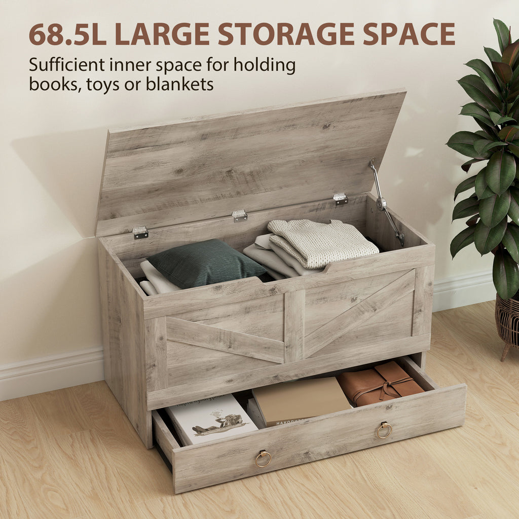 39.4 Inches Storage Chest, Storage Trunk with 2 Safety Hinges for Living Room, Black Wood Grain