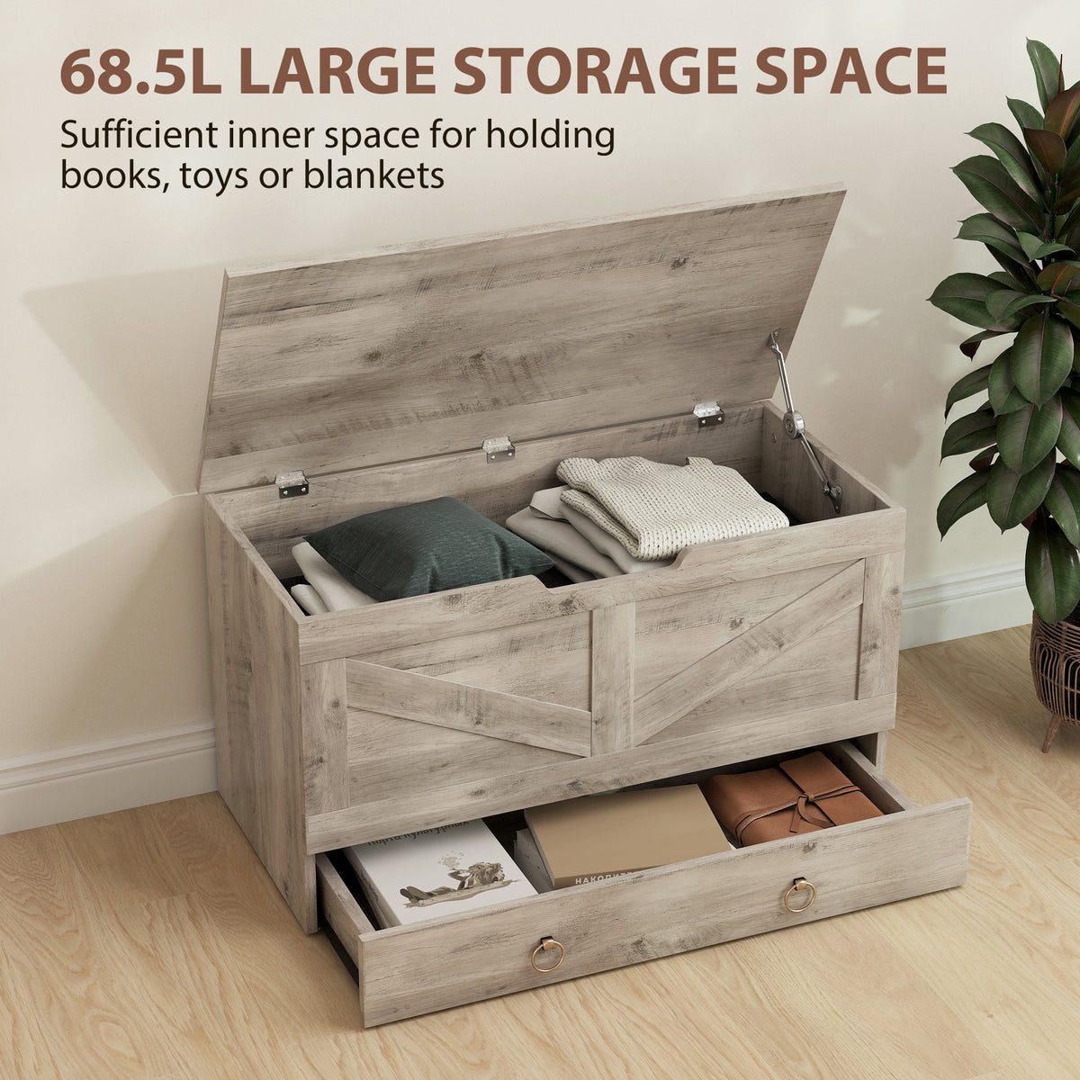 39.4 Inches Storage Chest, Storage Trunk with 2 Safety Hinges for Living Room, Black Wood Grain