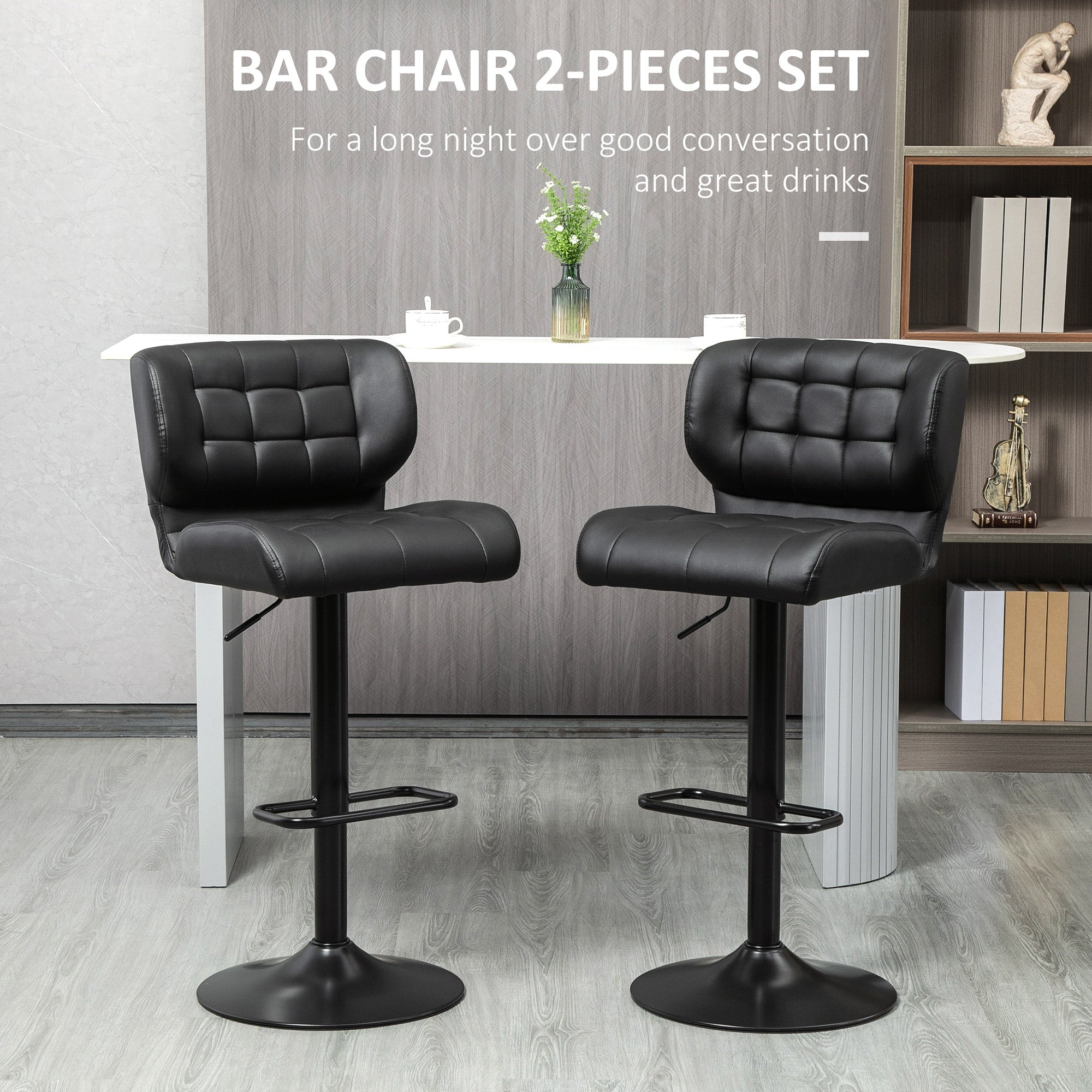 Swivel PU Leather Barstools Set of 2 Adjustable Bar Stools with Footrest Back for Kitchen Counter Dining Room Black