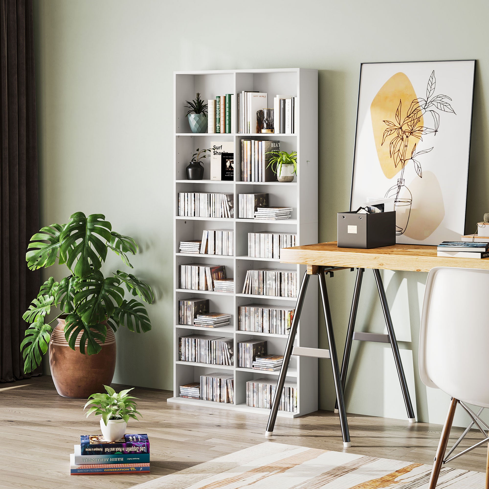 9-Tier DVD Shelf with 18 Compartments and 14 Adjustable Shelves, Holds 640 CDs, 360 DVDs or 430 Blu-rays, White