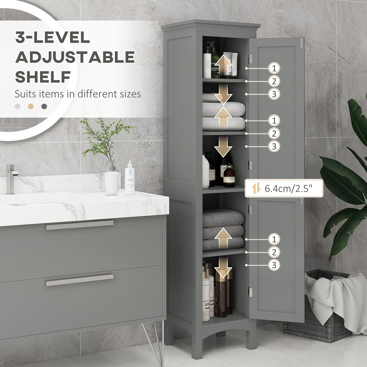 Tall Bathroom Cabinet, Freestanding Storage Organizer with Adjustable Shelves and Cupboards, 15" x 13" x 63", White