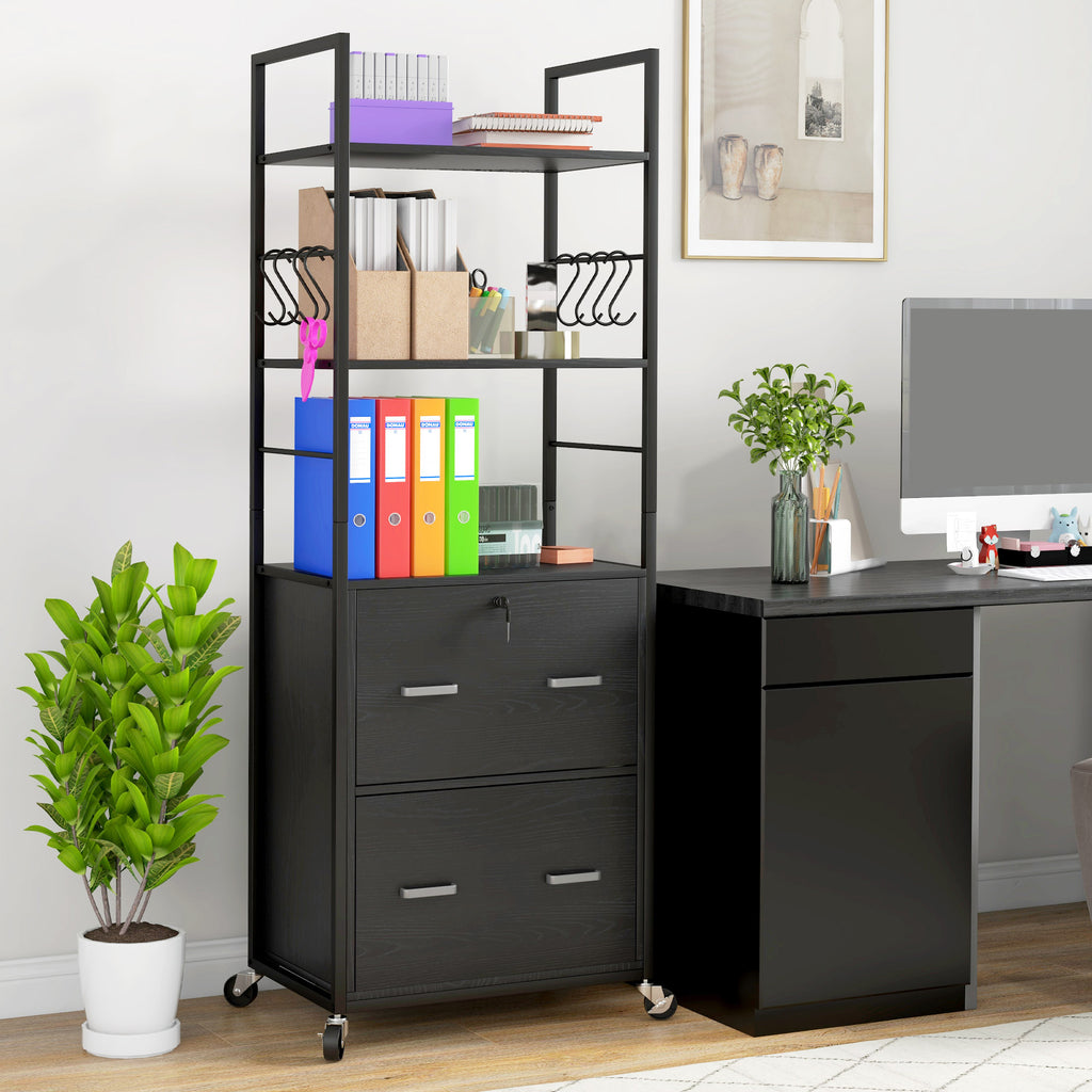 Mobile Filing Cabinet 2 Drawer File Cabinet with Key Adjustable Hanging Bar for Letter A4 and Legal Size Black
