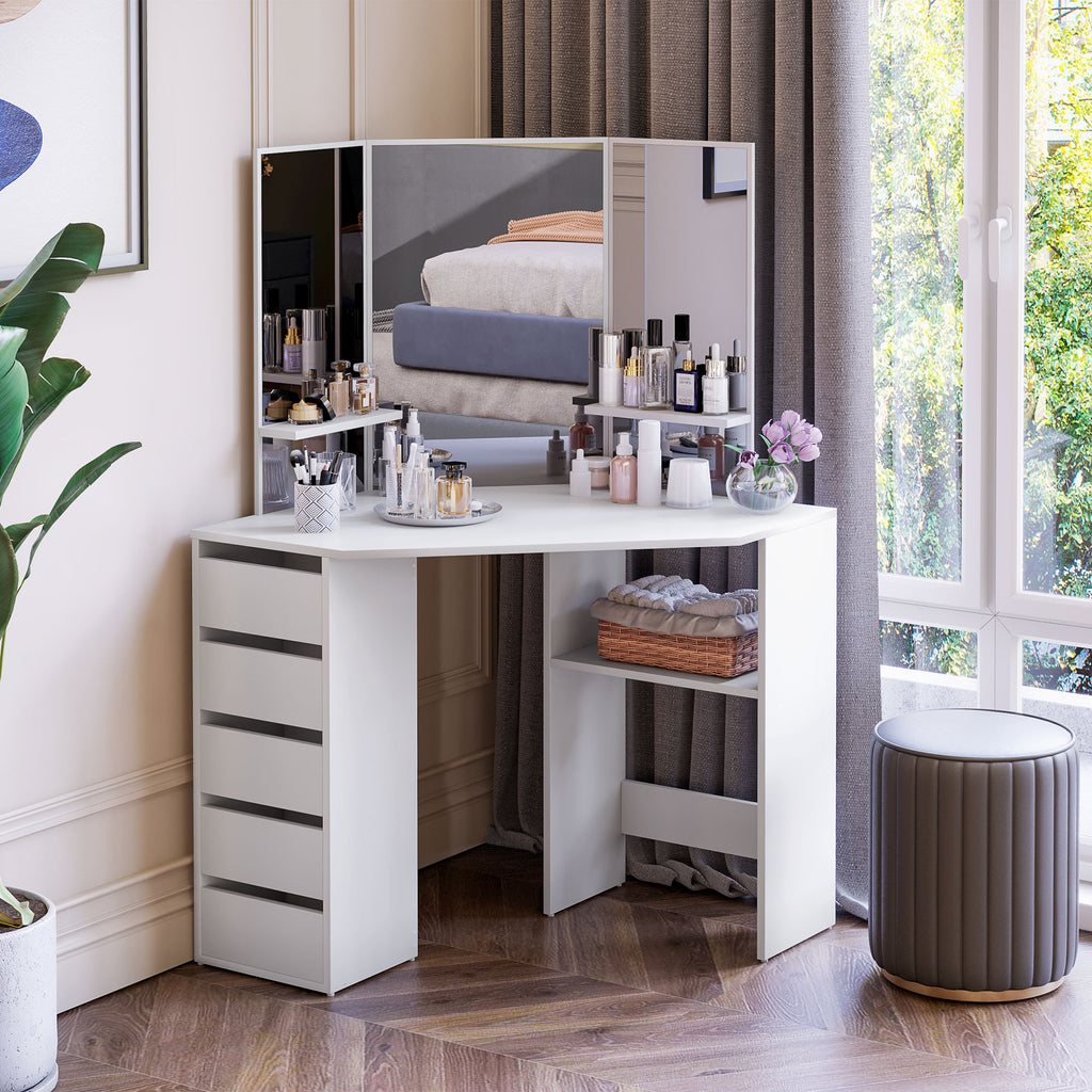 Corner Dressing Table, Makeup Desk with 3-piece Mirror and 5 Drawers, White