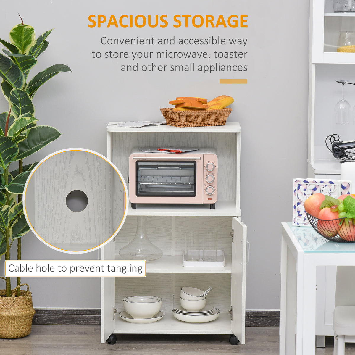 Microwave Cart on Wheels Utility Trolley Storage Sideboard Bookcase with 2-door Cabinet, White Oak