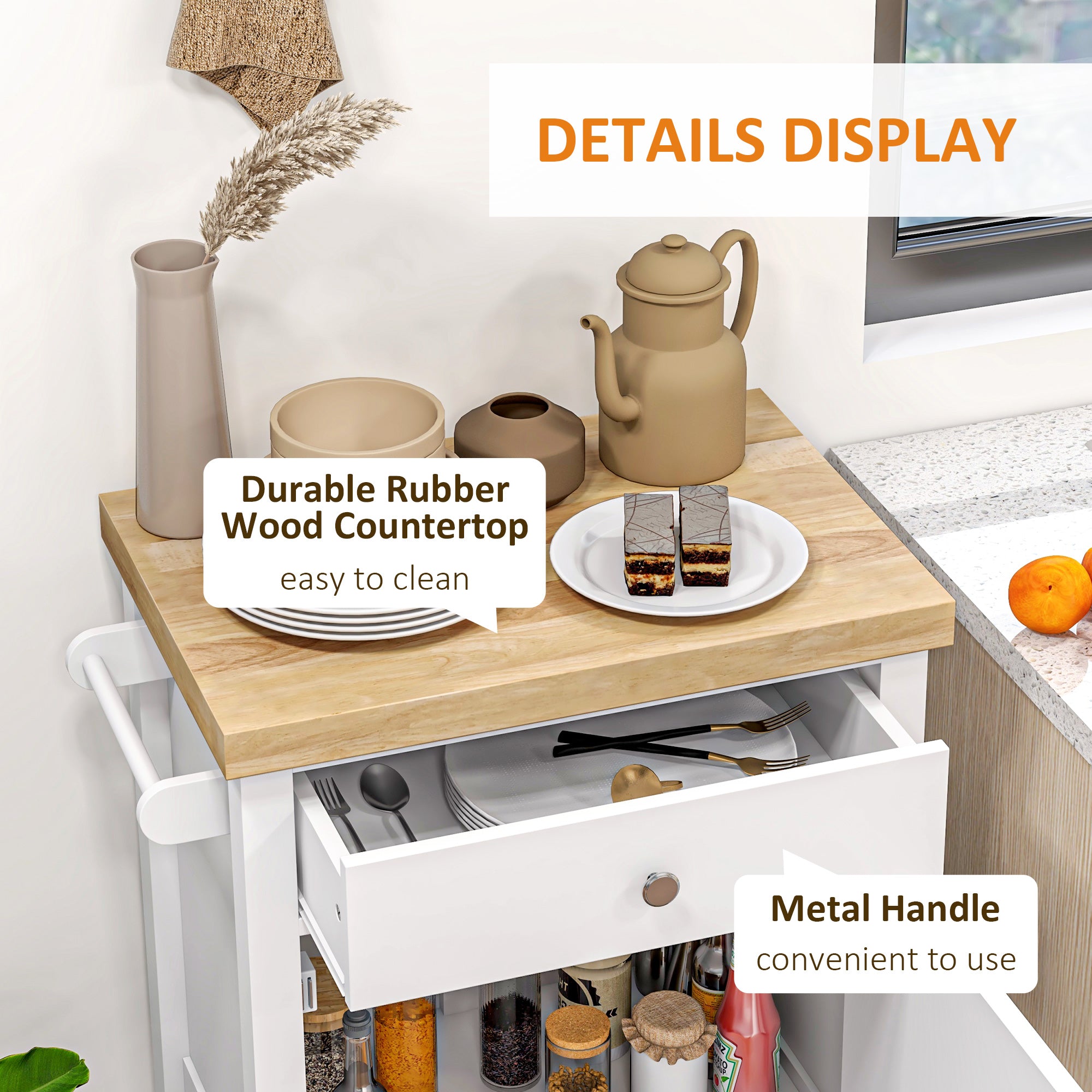 Kitchen Cart on Wheels, Rolling Kitchen Island Cart with Wood Top, Towel Rack, Drawer and Shelf for Dining Area, White