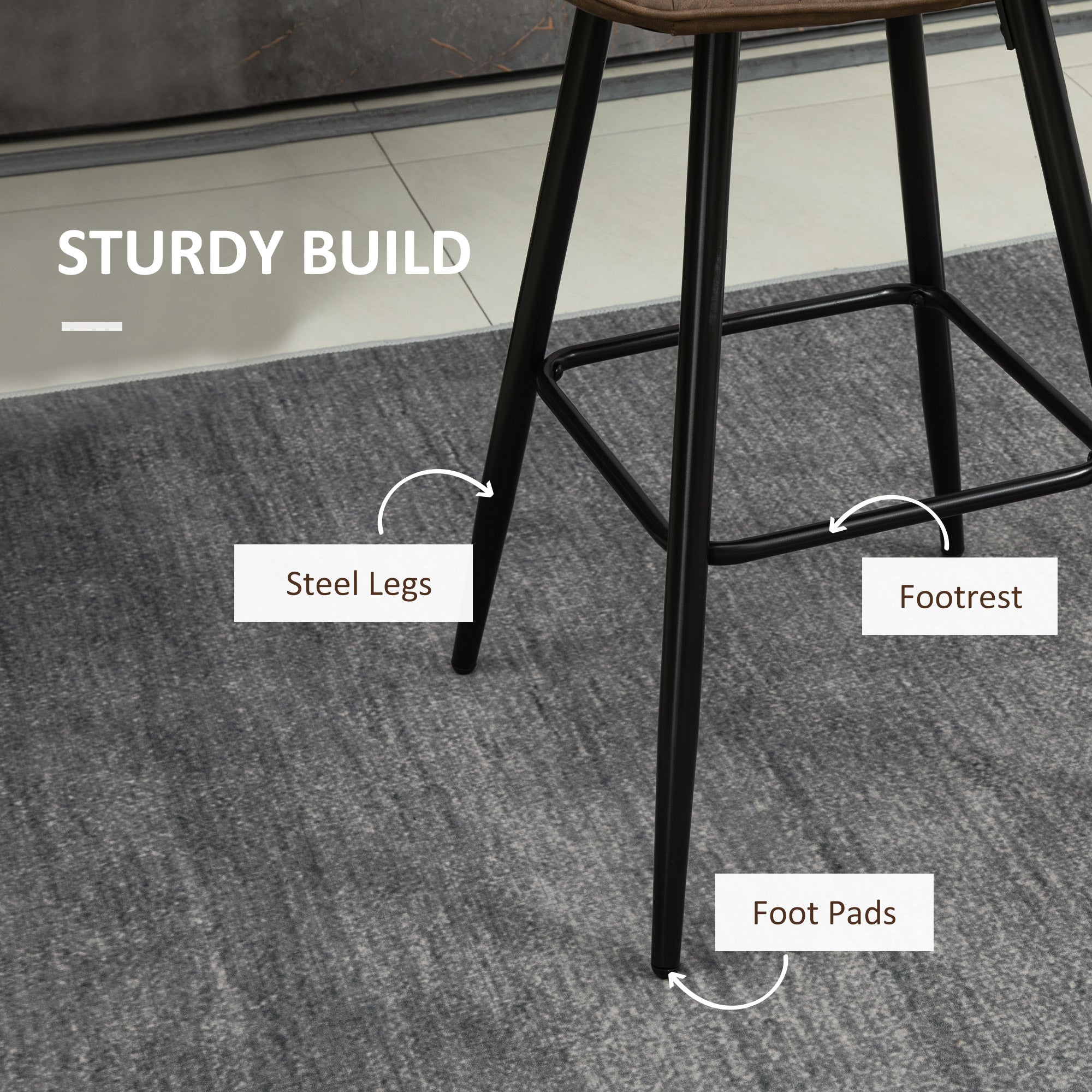 PU Leather Counter Height Bar Chairs Set of 2, 27.75" Bar Stools with Metal Legs for Dining Area, Kitchen Island, Brown