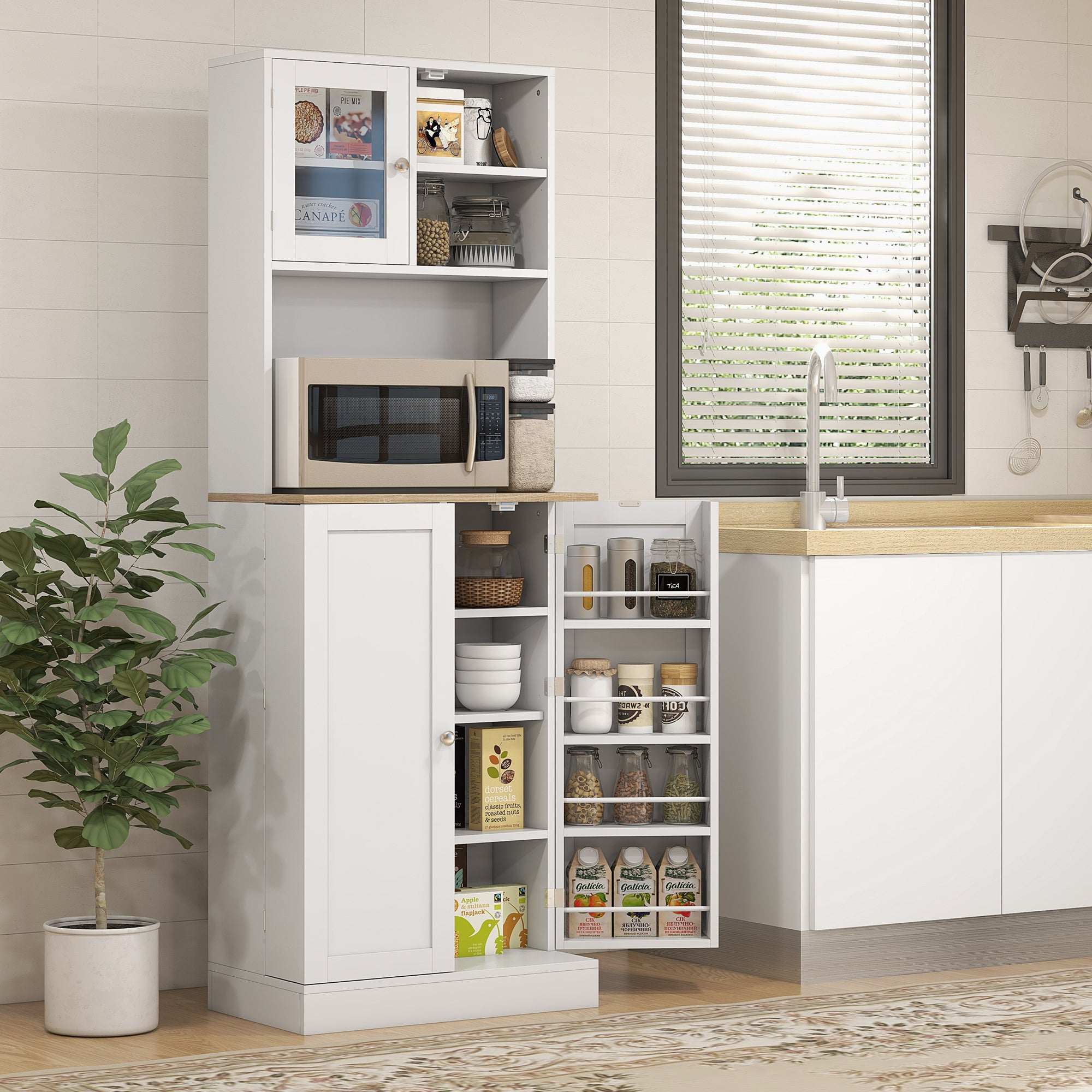 66.5" Tall Kitchen Pantry Cabinet, Kitchen Hutch, Microwave Cabinet with Adjustable Shelves for Dining Room, White