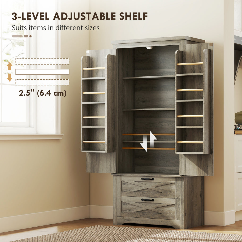 Farmhouse Kitchen Pantry Storage Cabinet, 64" Freestanding Kitchen Pantry Cabinet with Drawers, Distressed White