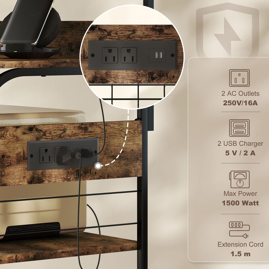 Baker's Rack with Charing Station, Microwave Shelf with Power Outlet, USB Charger and 5 Hooks, Rustic Brown