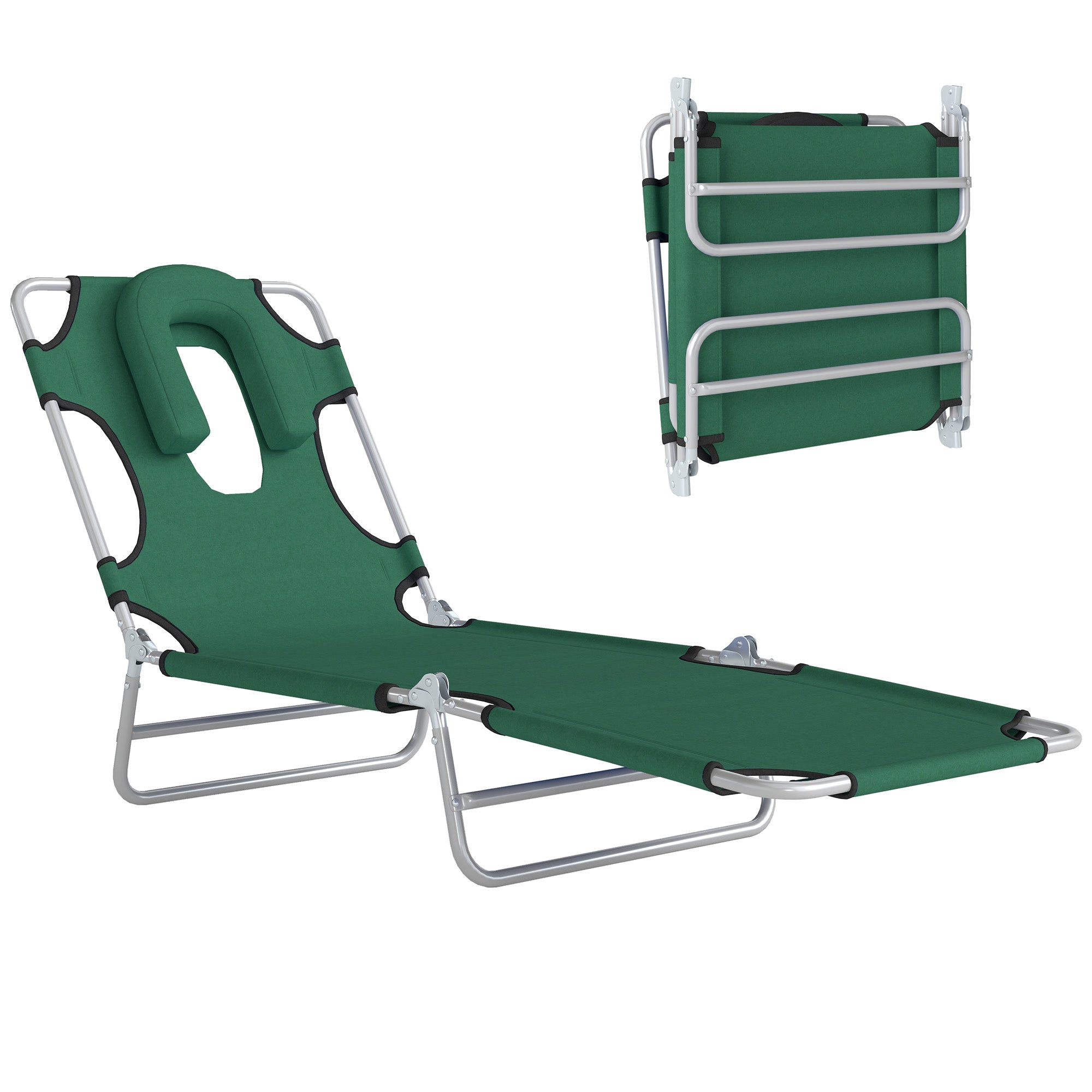 Folding Lounge Chair Outdoor, Tanning Chair with Face Hole Arm Slots, Beach Chaise Lounger with Pillow, 5-Position Adjustable Portable Sun Lounger Bed for Pool, Black