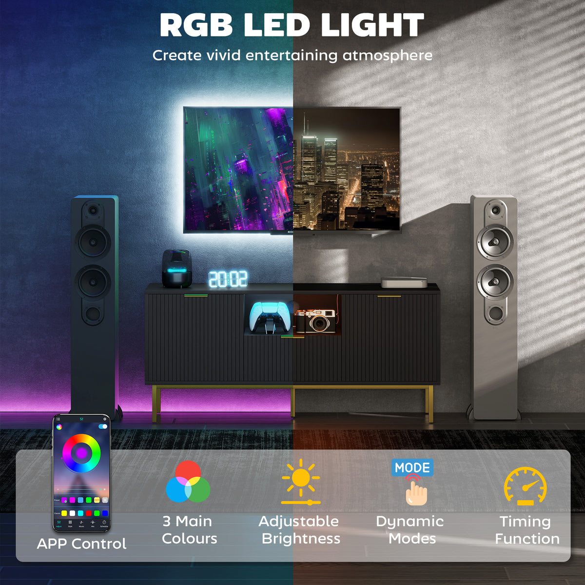 وحدة تلفزيون حديثة للتلفزيونات حتى 50 بوصة، مركز ترفيهي مع أضواء LED RGB ذكية وأبواب إغلاق ناعم، أبيض