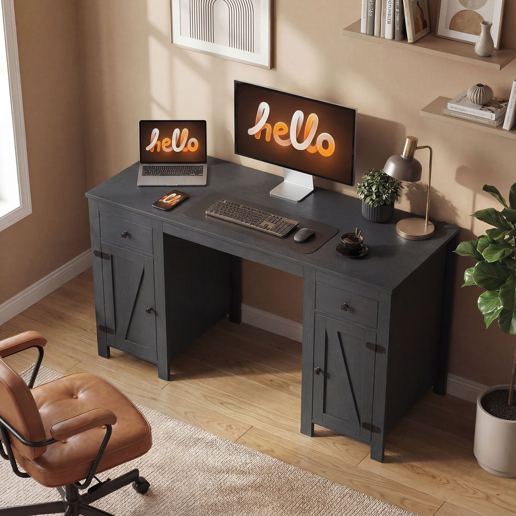 53" Farmhouse Executive Desk, Computer Desk with Drawers and 2 Cabinets, Study Table for Home Office, Black Wood Grain