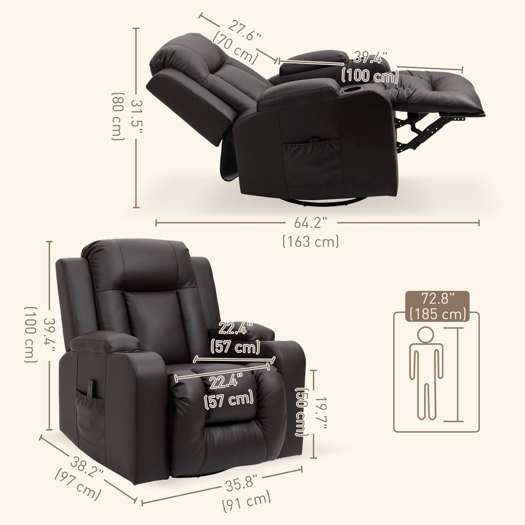 Swivel Massage Recliner Chair Rocker, Overstuffed Manual Reclining Sofa, PU Leather Rocking Chair with Side Pockets, Cup Holders, for Living Room, Nursery, Brown