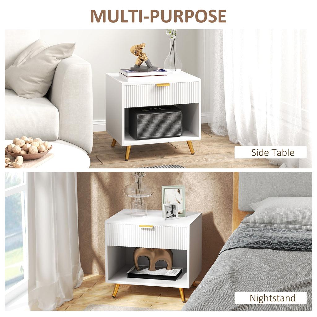 Nightstand with Fluted Panel, Bedside Table with Drawer and Open Compartment, Modern Night Table for Bedroom, Black