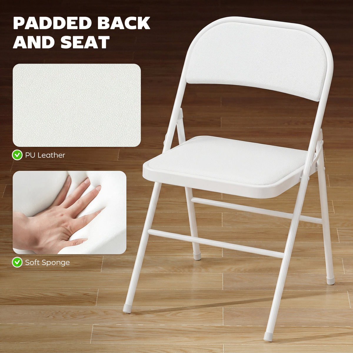 Set of 4 Metal Foldable Chairs, PU Leather Padded Folding Chairs with Cushion Seat and Open Back for Indoor, White
