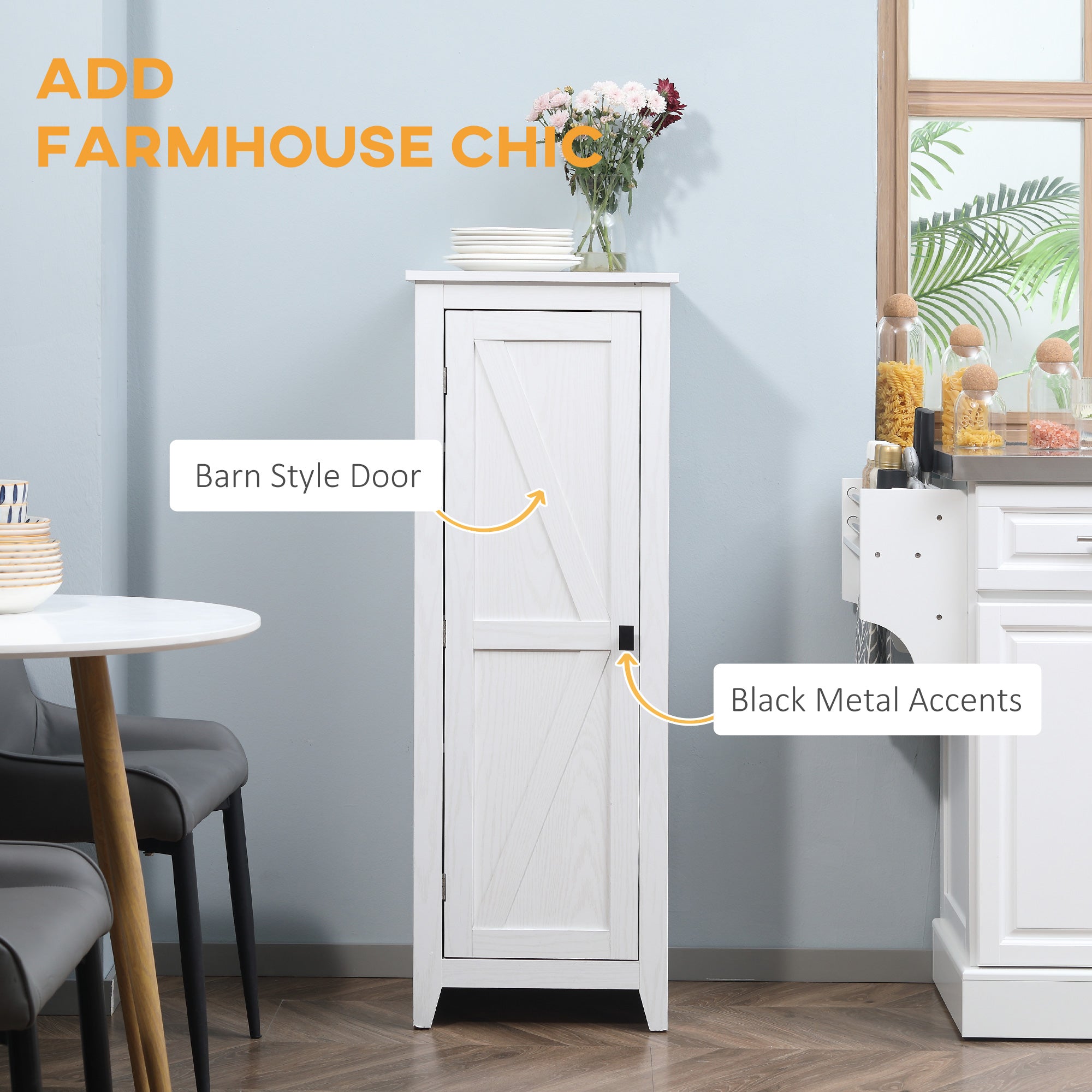 48" Farmhouse Kitchen Pantry Storage Cabinet with Barn Door, Kitchen Pantry Cabinet with Adjustable Shelves, White