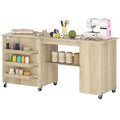 Sewing Machine Table with Drop Leaf, Folding Craft Table with 2 Doors and Adjustable Shelf for Small Spaces, Natural