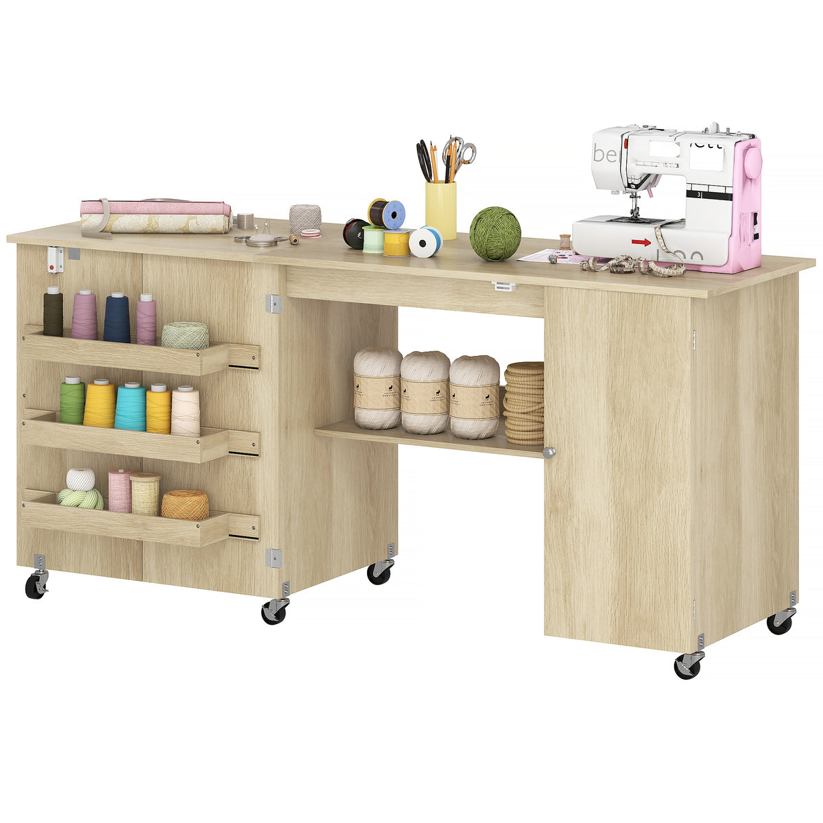 Sewing Machine Table with Drop Leaf, Folding Craft Table with 2 Doors and Adjustable Shelf for Small Spaces, Natural
