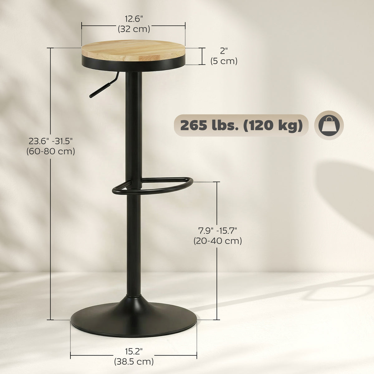 Wood Barstools Set of 2, Swivel Bar Stools with Adjustable Height for Kitchen Counter, Natural Wood and White