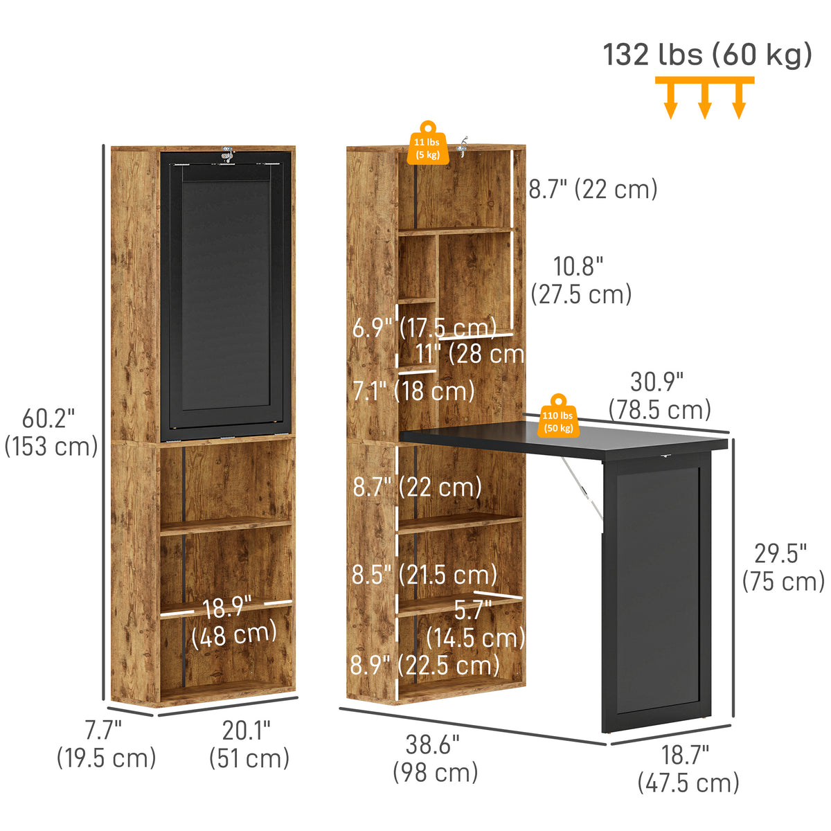 Fold-out Convertible Office Desk, Wall Mount Computer Desk with Blackboard and Side Shelf, Rustic Brown