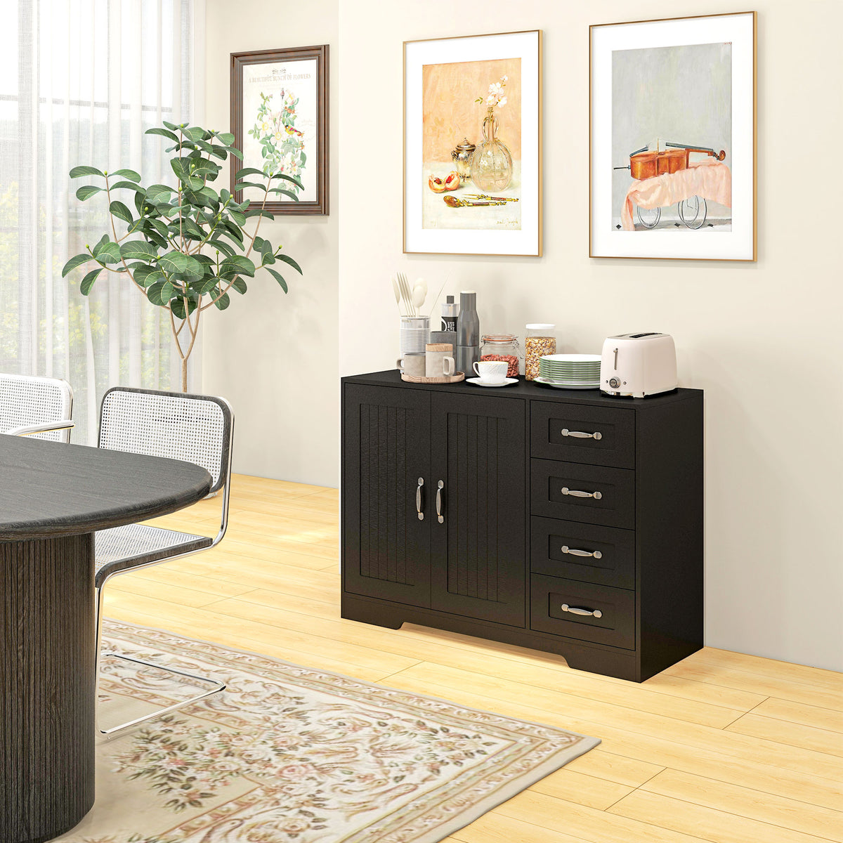 Modern Sideboard Buffet Cabinet with 4 Drawers and 2 Beadboard Doors, Kitchen Storage Cabinet, Black