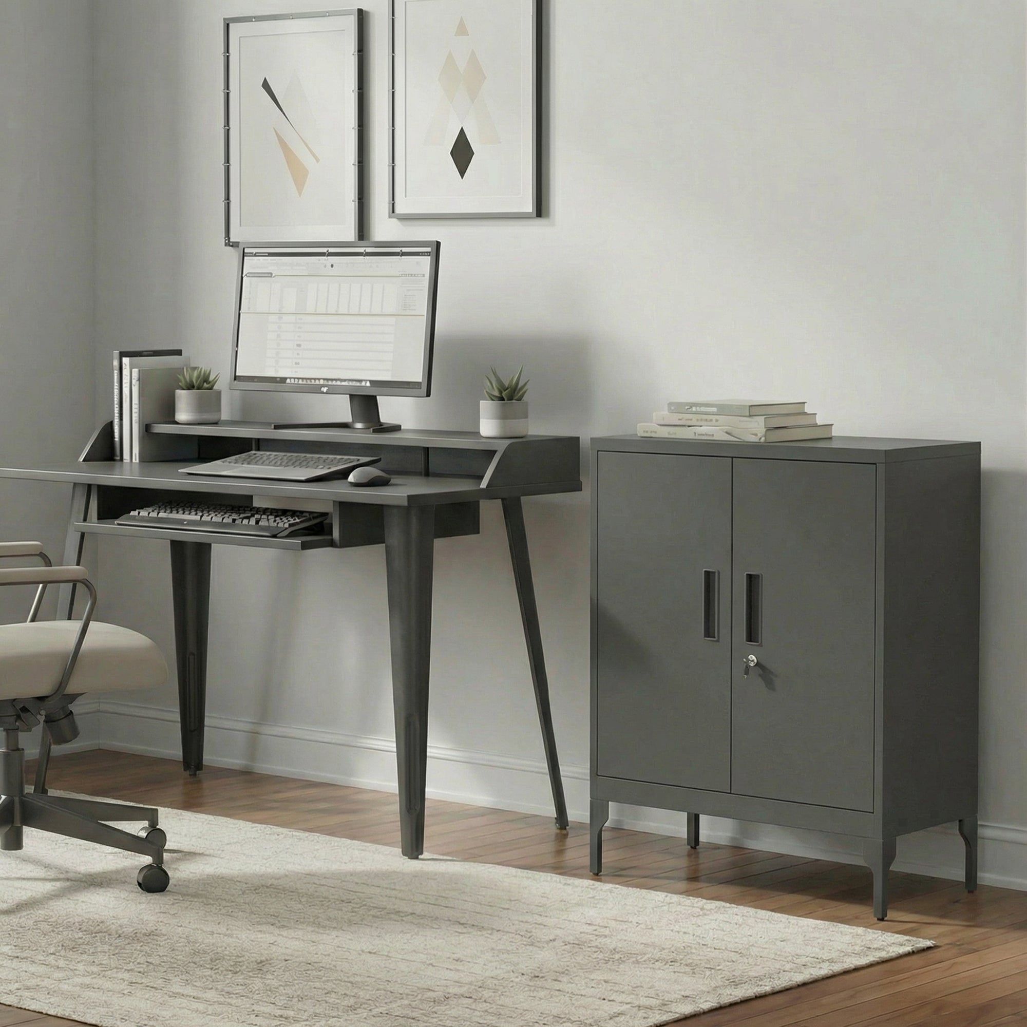 Office Storage Cabinet with Lock, Filing Cabinet with Adjustable Shelves and Doors for Home Office, Garage, White