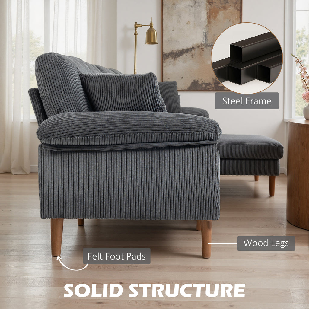 L-Shape Sofa, Modern Sectional Couch with Changeable Chaise Lounge, Pillows and Wooden Legs for Living Room, Dark Grey