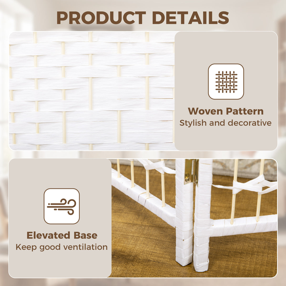 4 Panel Folding Room Divider, Portable Privacy Screen, Wave Fiber Room Partition for Home Office, White