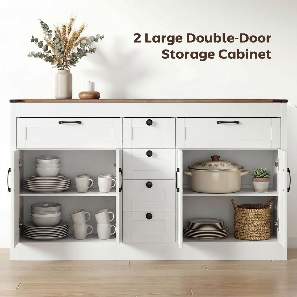 Sideboard Buffet Cabinet, 55" Farmhouse Kitchen Cabinet with 4 Barn Doors, 6 Drawers and 2 Adjustable Shelves, White