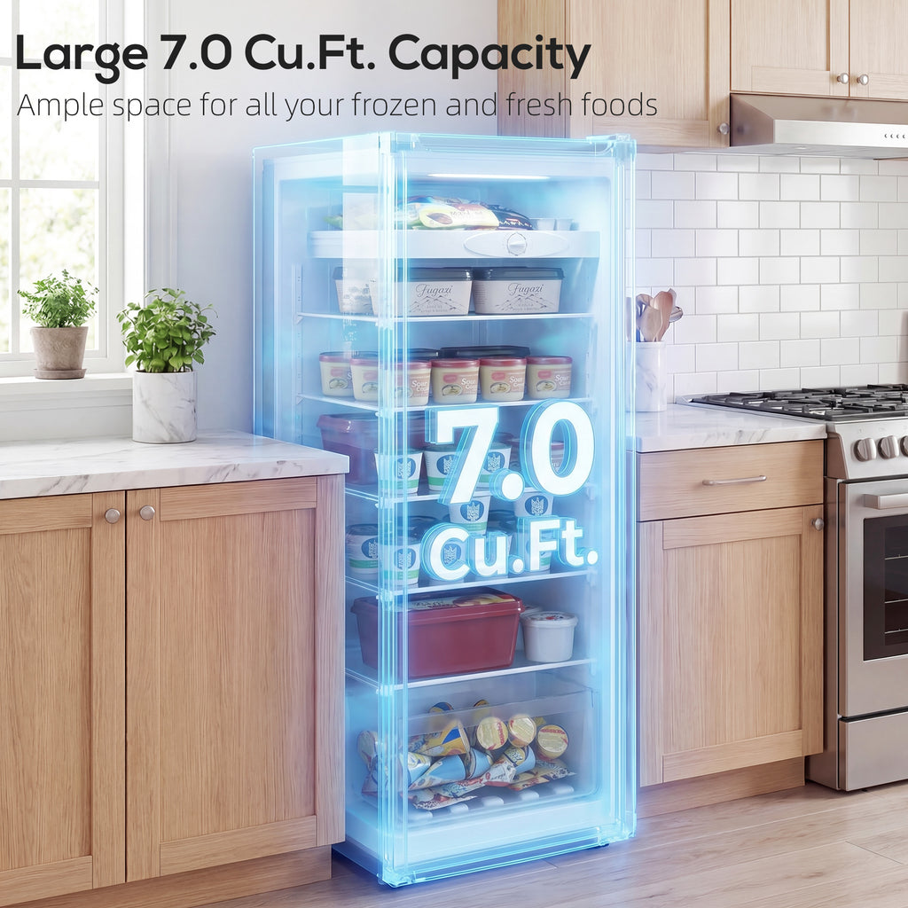 7.0 Cu.Ft Upright Freezer, Compact Stand Up Freezer with 6 Adjustable Shelves, Reversible Door for Home Office, White