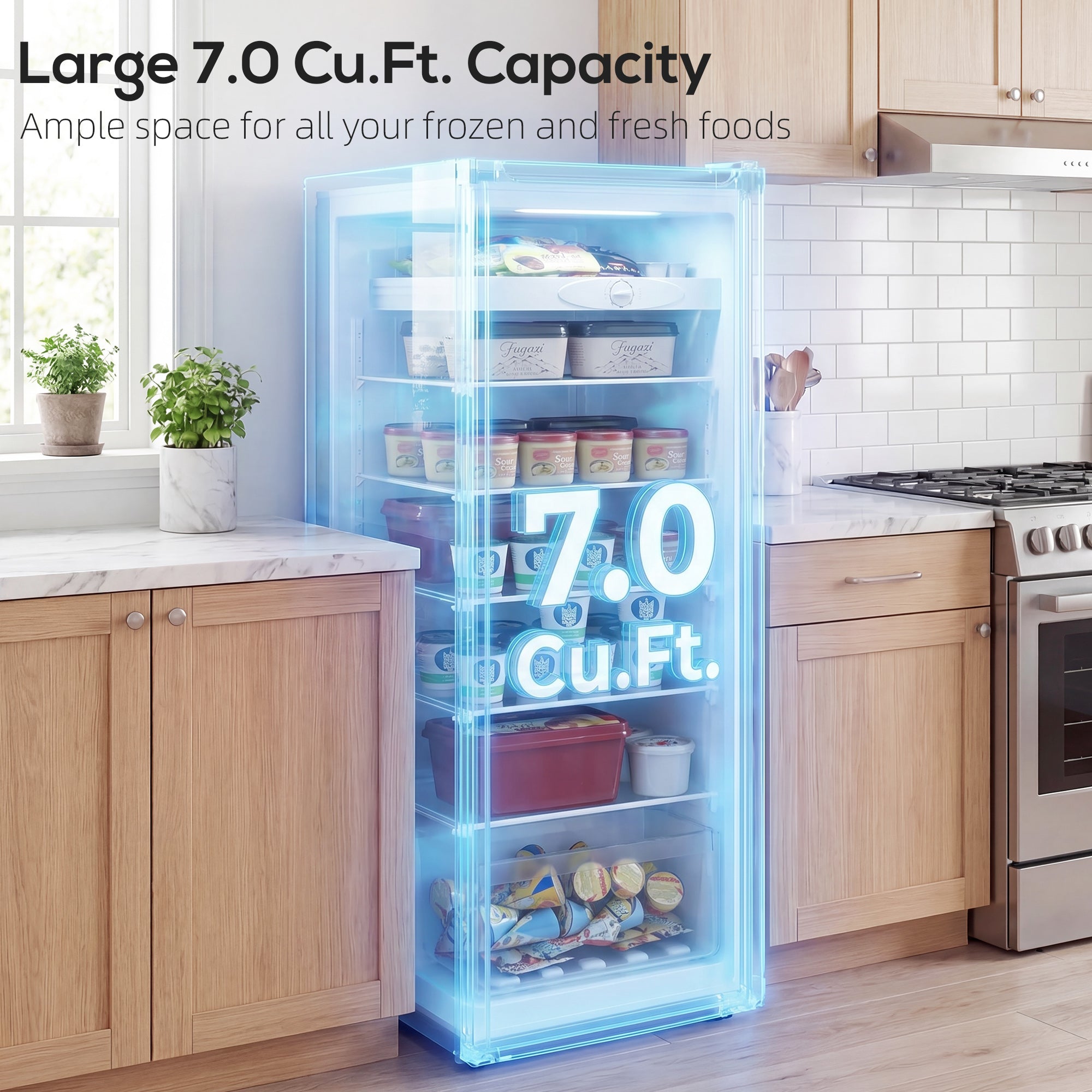 7.0 Cu.Ft Upright Freezer, Compact Stand Up Freezer with 6 Adjustable Shelves, Reversible Door for Home Office, White