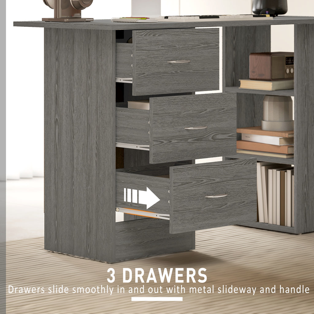 Computer Desk, 47" Writing Table with 3-Tier Shelves and 3 Reversible Drawers for Home Office, Bedroom, White